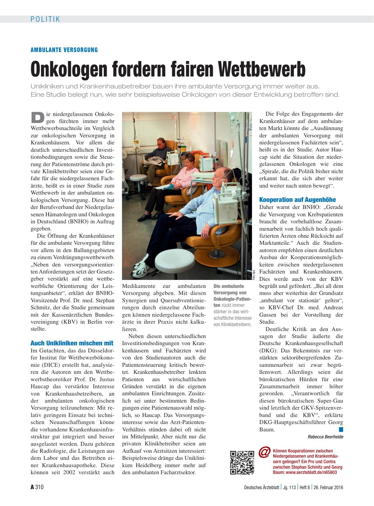 Vorschauseite 1: Ambulante Versorgung: Onkologen fordern fairen Wettbewerb