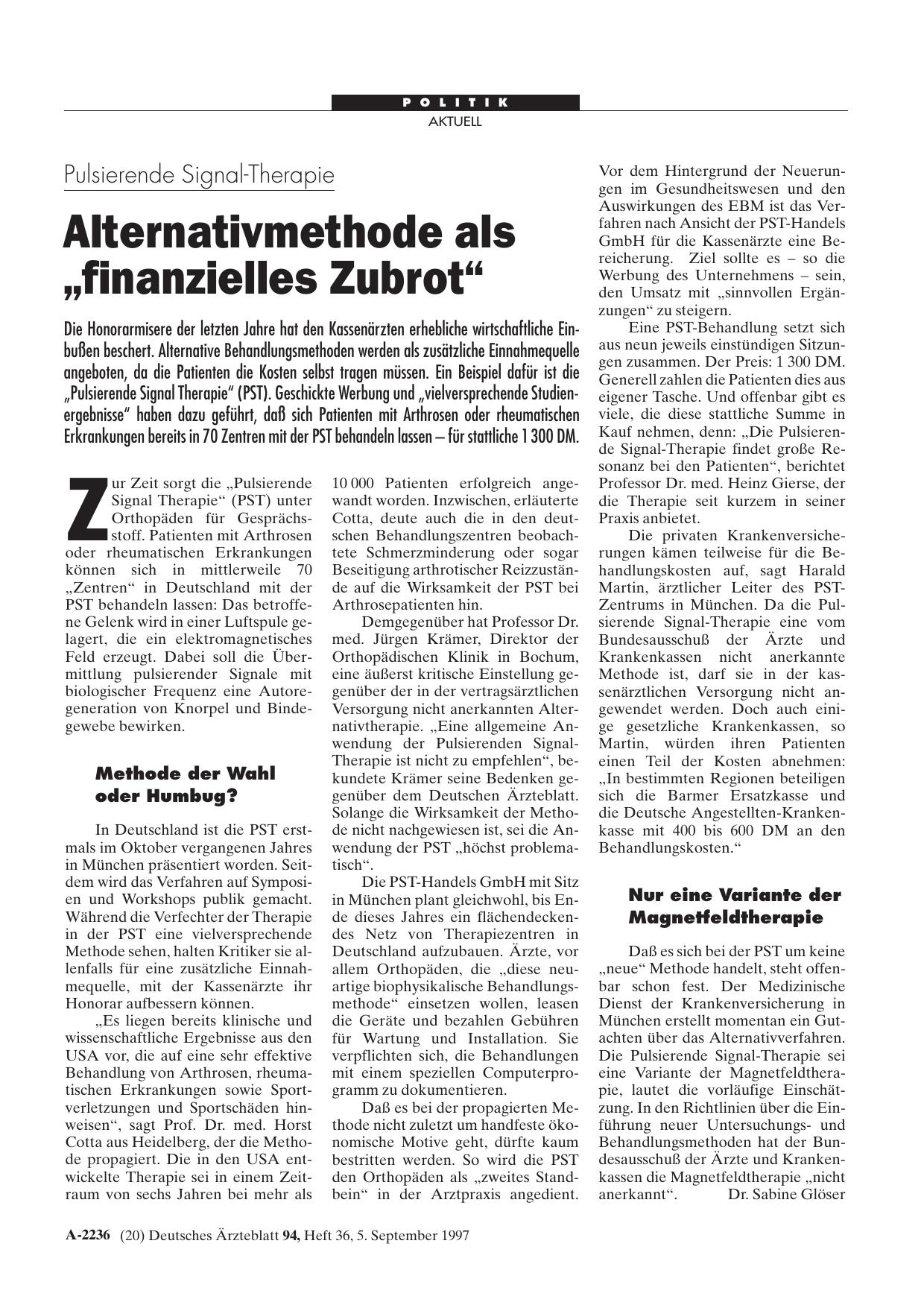 Vorschauseite 1: Pulsierende Signal-Therapie: Alternativmethode als „finanzielles Zubrot“