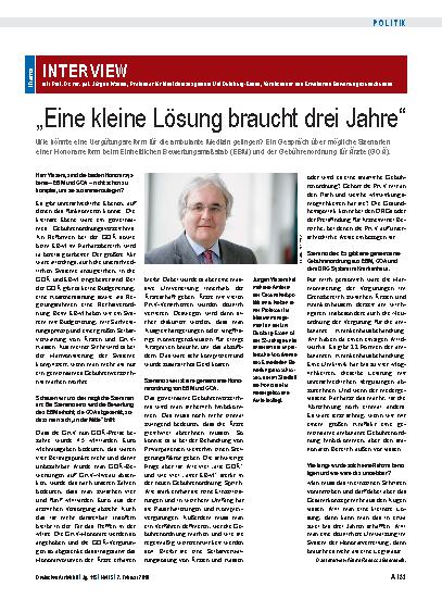 Vorschauseite 1: Das Interview mit Prof. Dr. rer. pol. Jürgen Wasem, Professor für Medizinmanagement Uni Duisburg-Essen, Vorsitzender des Erweiterten Bewertungsausschusses „Eine kleine Lösung brau…