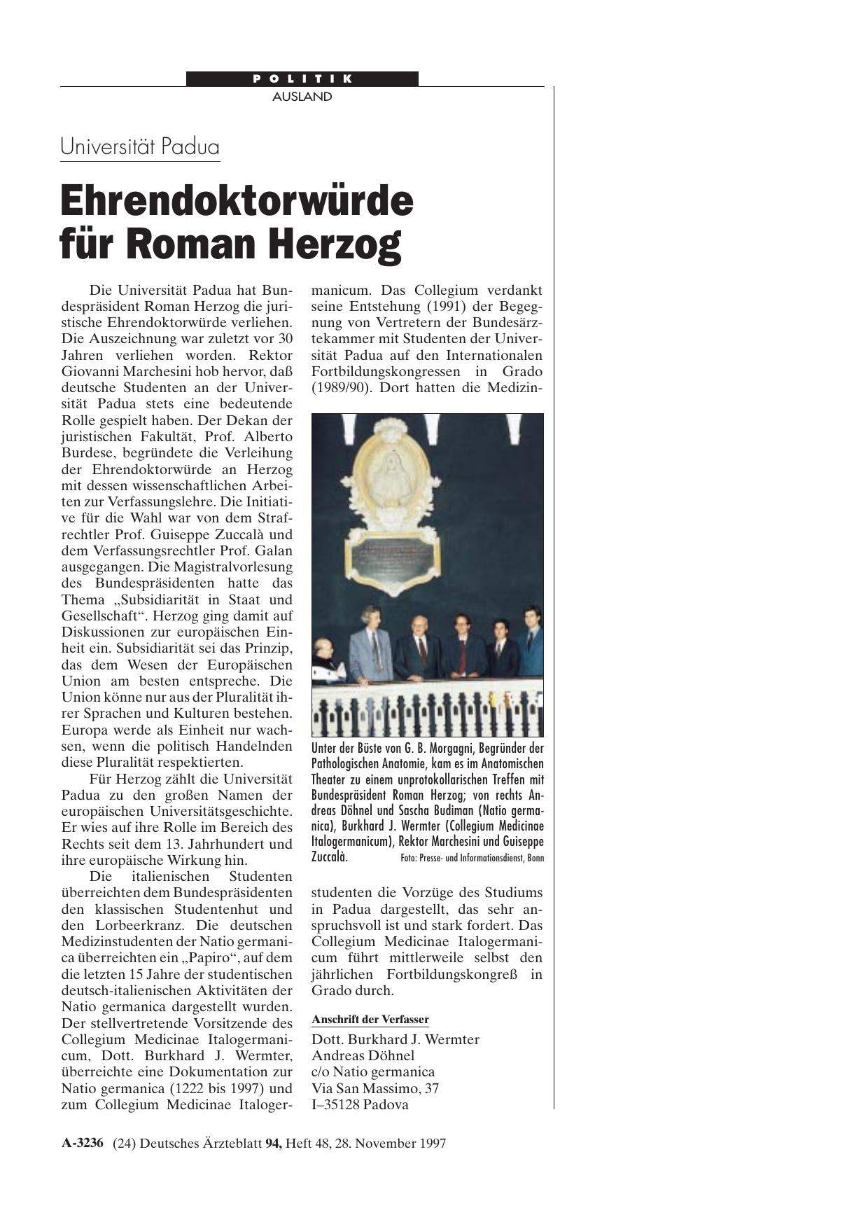 Vorschauseite 1: Universität Padua: Ehrendoktorwürde für Roman Herzog