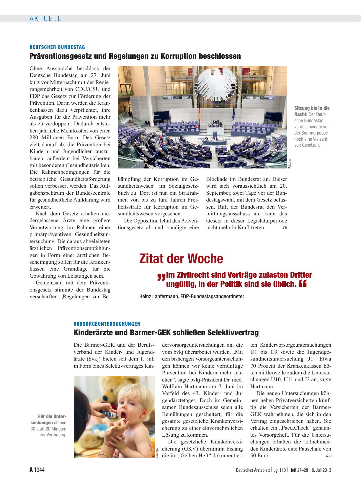 Vorschauseite 1: Deutscher Bundestag: Präventionsgesetz und Regelungen zu Korruption beschlossen