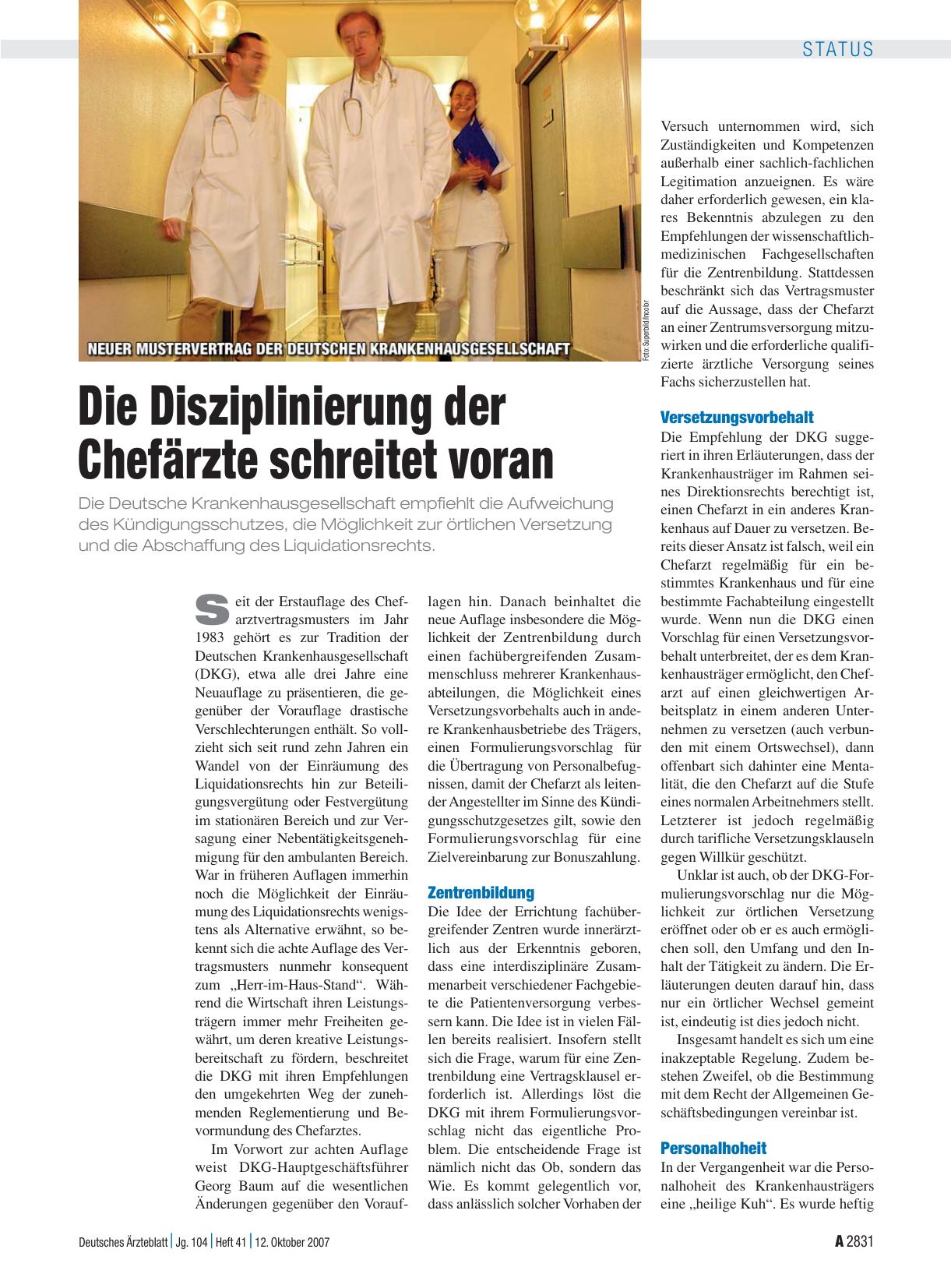 Vorschauseite 1: Neuer Mustervertrag der Deutschen Krankenhausgesellschaft: Die Disziplinierung der Chefärzte schreitet voran