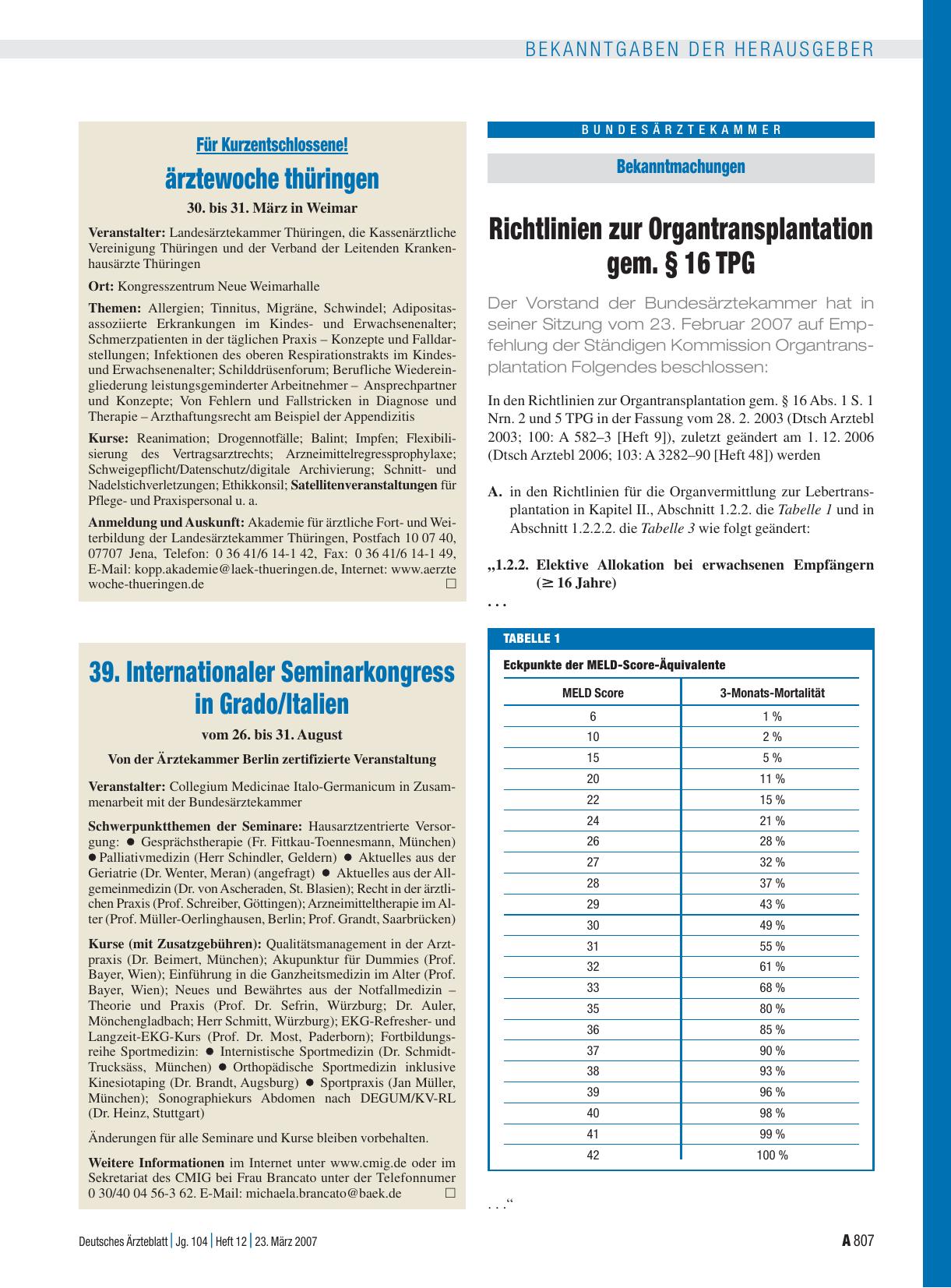 Vorschauseite 1: Bekanntmachungen: Richtlinien zur Organtransplantation gem. § 16 TPG