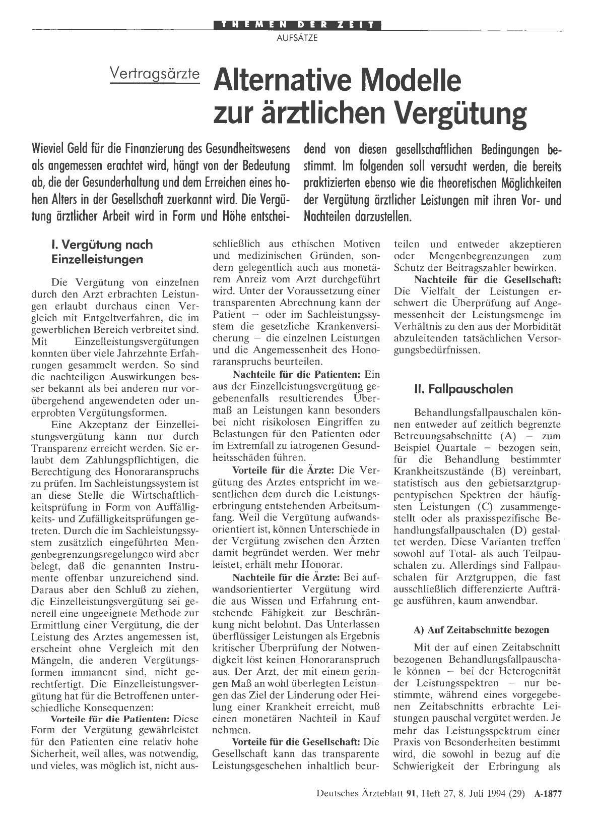 Vorschauseite 1: Vertragsärzte: Alternative Modelle zur ärztlichen Vergütung
