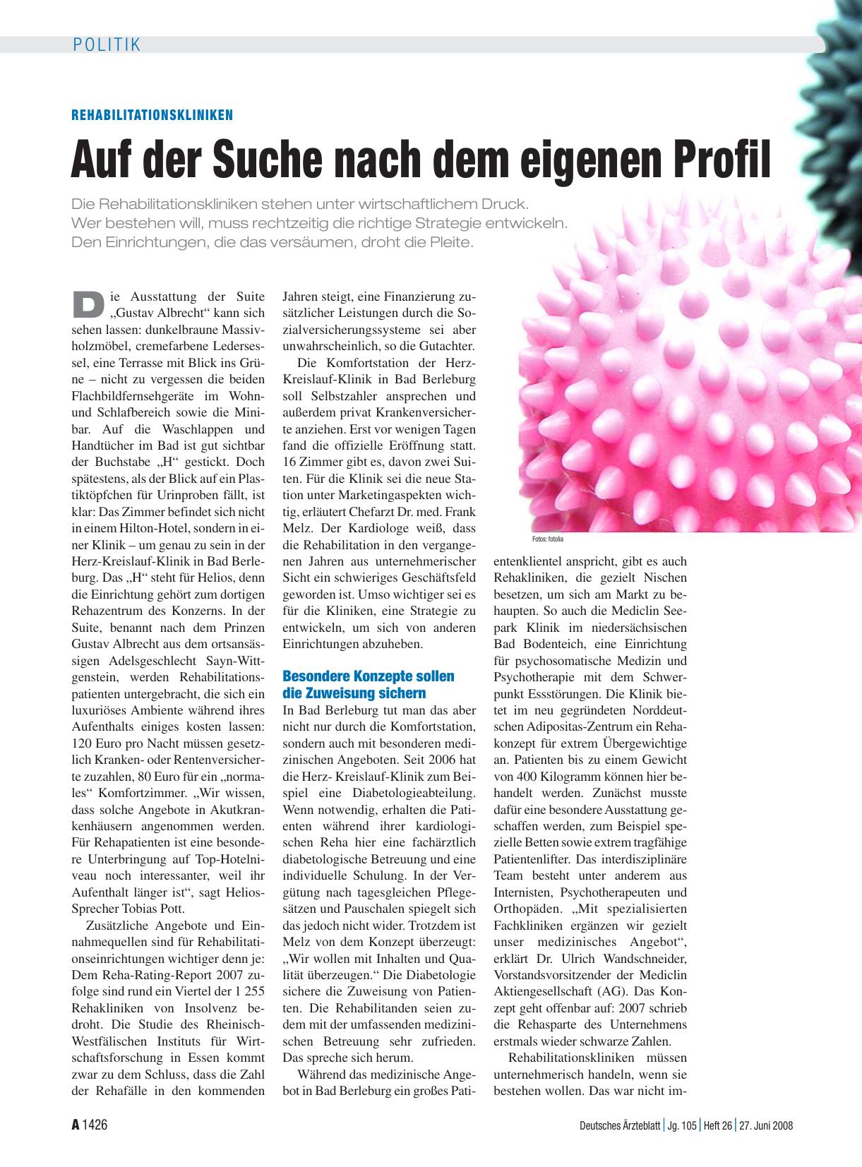 Vorschauseite 1: Rehabilitationskliniken: Auf der Suche nach dem eigenen Profil