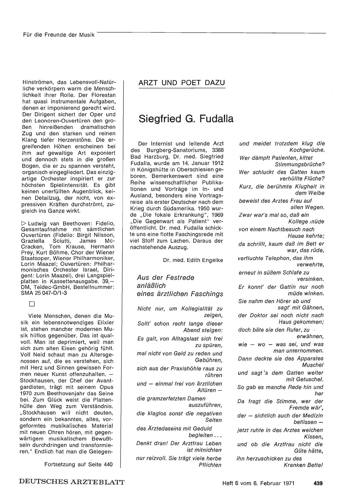 Vorschauseite 1: Arzt — und Poet dazu (LIV): Siegfried G. Fudalla