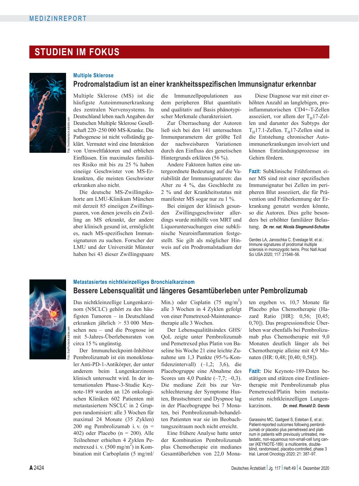 Vorschauseite 1: Metastasiertes nichtkleinzelliges Bronchialkarzinom: Bessere Lebensqualität und längeres Gesamtüberleben unter Pembrolizumab