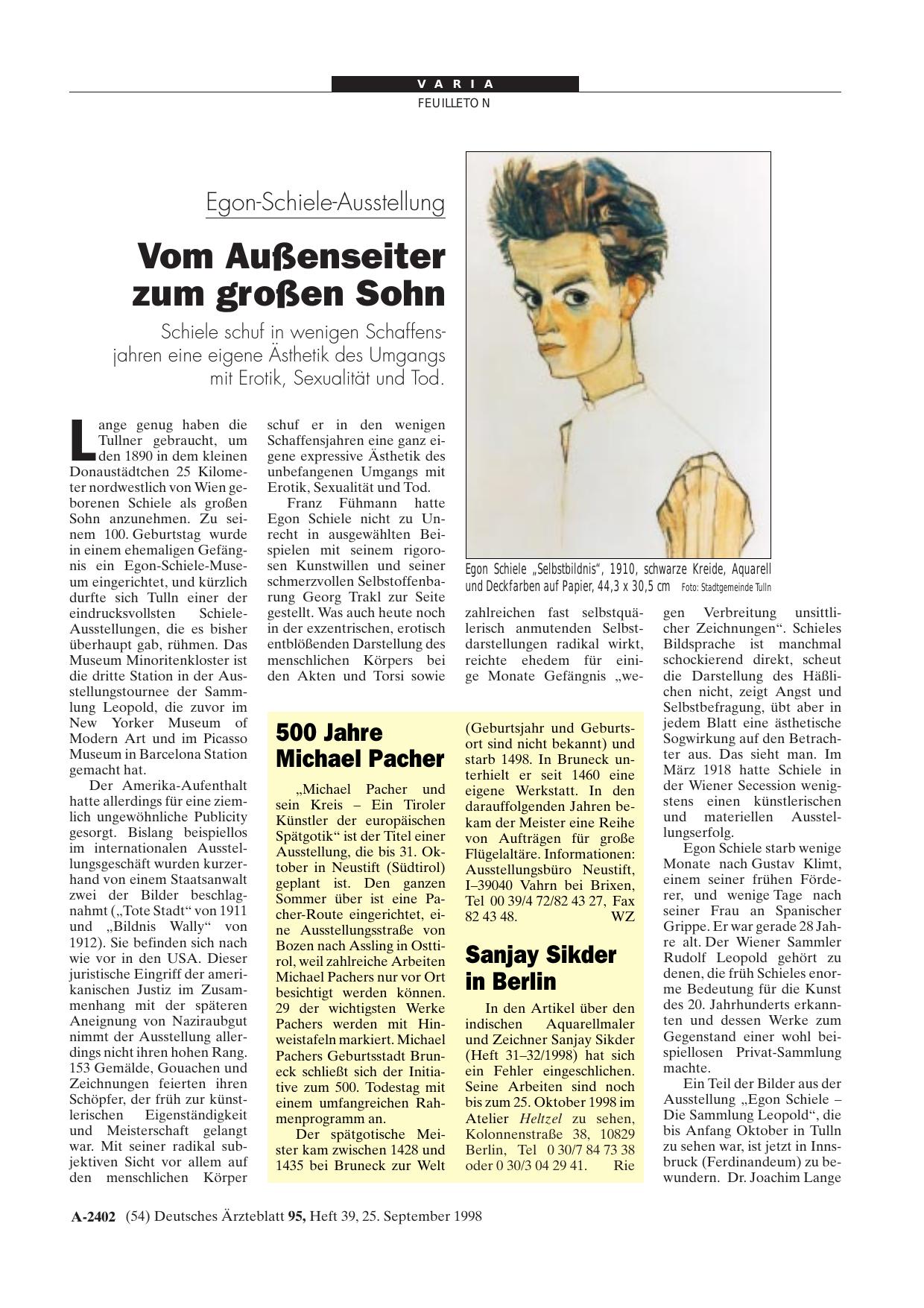 Vorschauseite 1: Egon-Schiele-Ausstellung: Vom Außenseiter zum großen Sohn