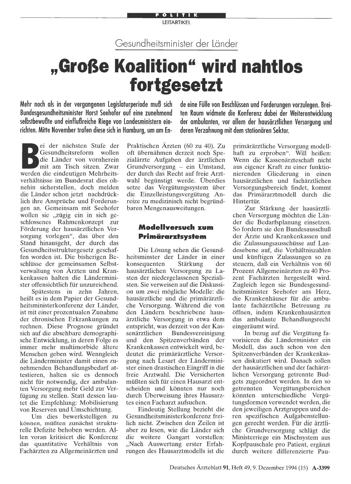 Vorschauseite 1: Gesundheitsminister der Länder: „Große Koalition“ wird nahtlos fortgesetzt