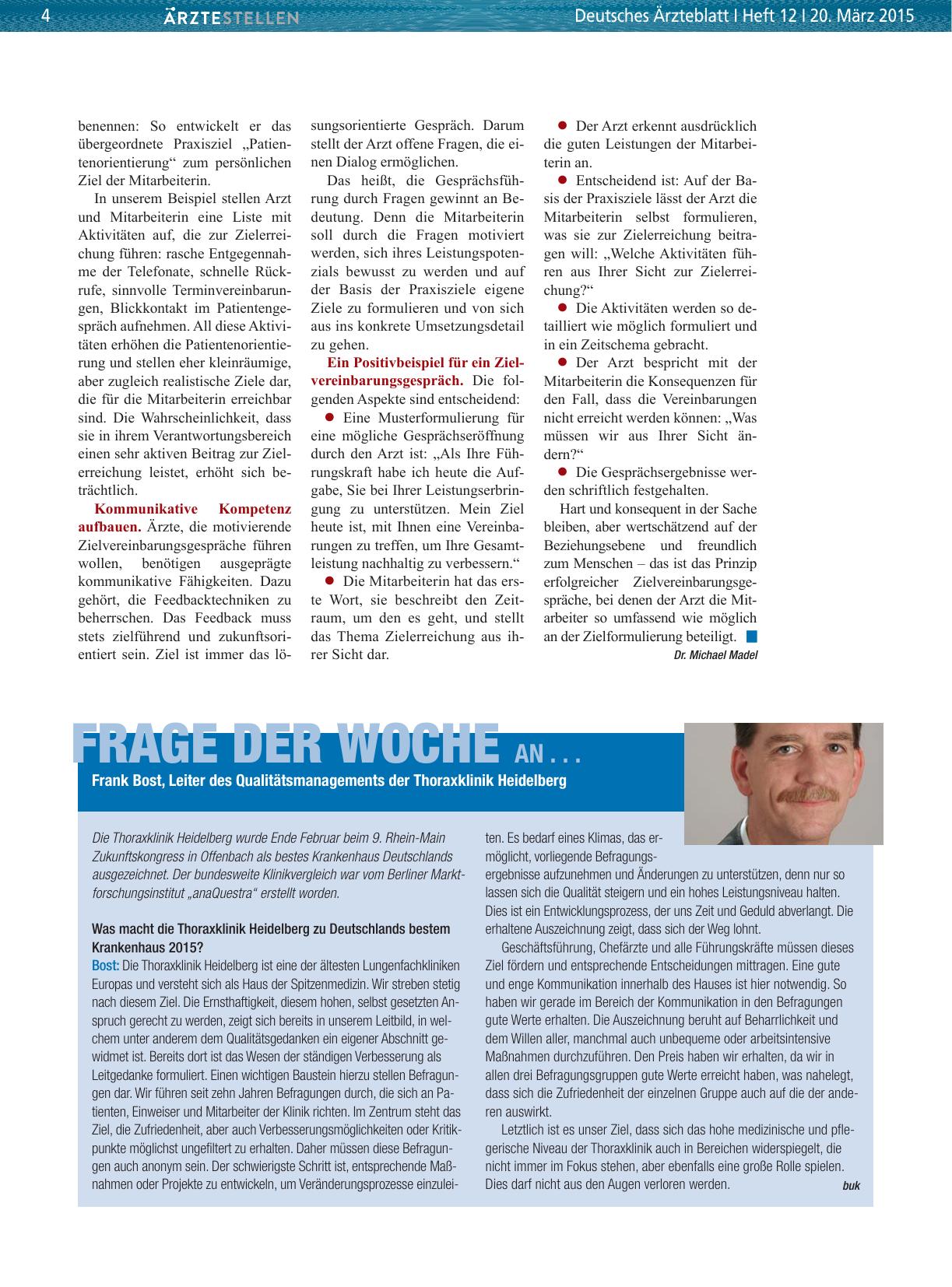 Vorschauseite 1: Frage der Woche an. .. Frank Bost, Leiter des Qualitätsmanagements der Thoraxklinik Heidelberg