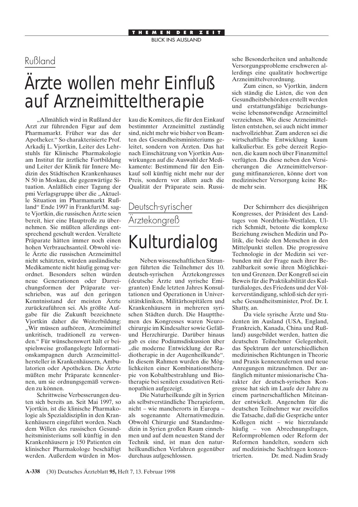 Vorschauseite 1: Deutsch-syrischer Ärztekongreß: Kulturdialog