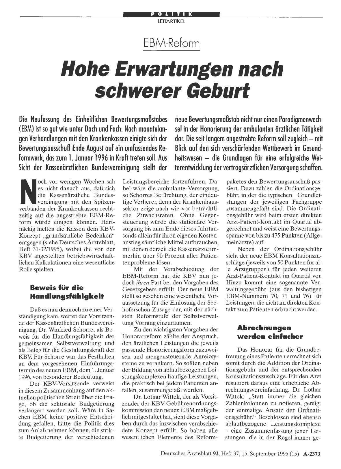 Vorschauseite 1: EBM Reform: Hohe Erwartungen nach schwerer Geburt