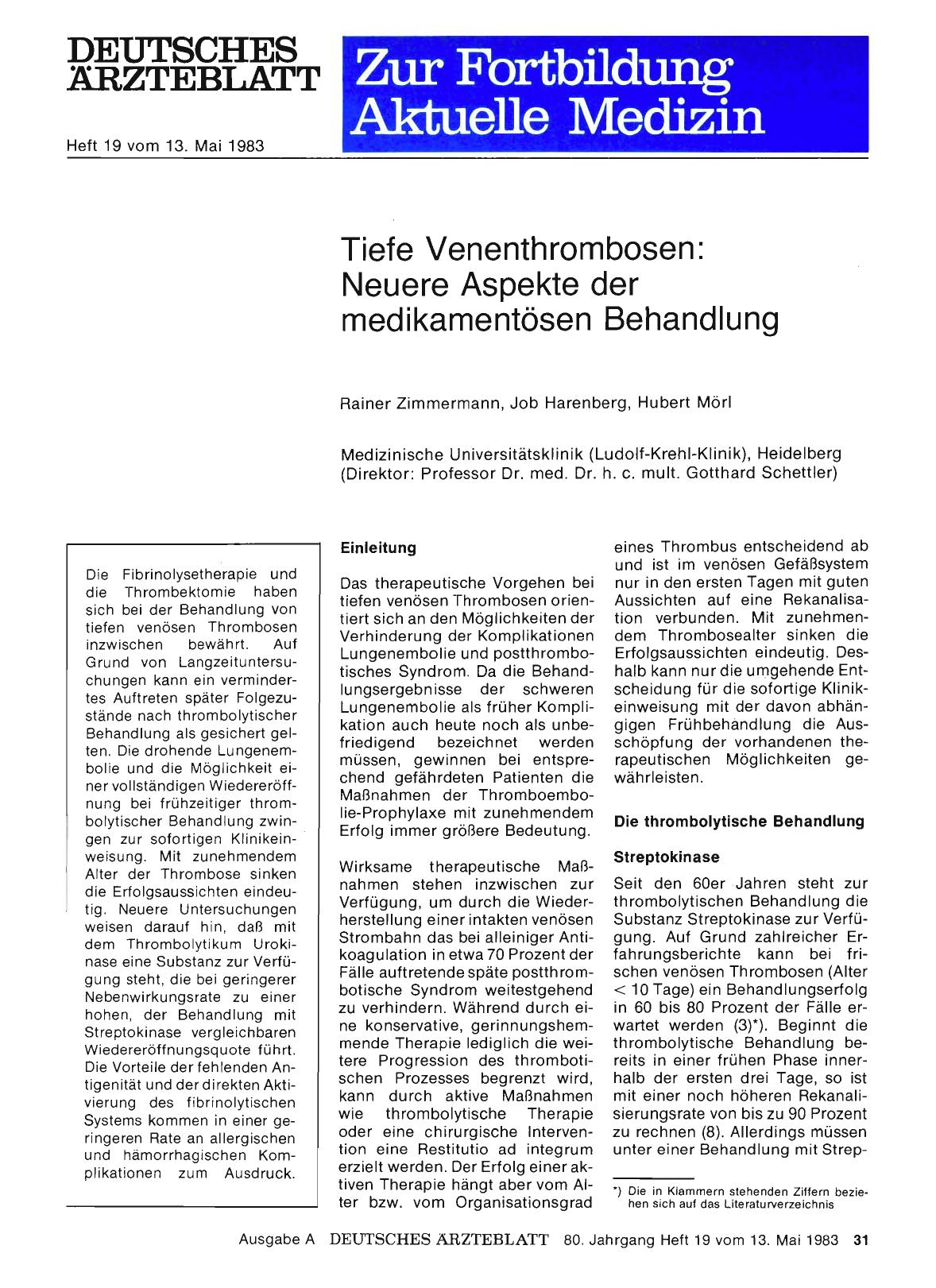 Vorschauseite 1: Tiefe Venenthrombosen: Neuere Aspekte der medikamentösen Behandlung