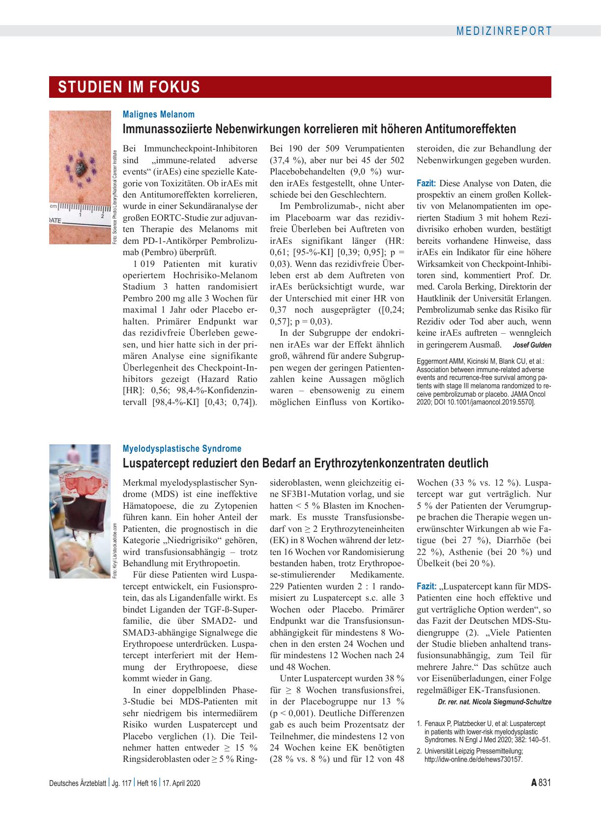 Vorschauseite 1: Myelodysplastische Syndrome: Luspatercept reduziert den Bedarf an Erythrozytenkonzentraten deutlich