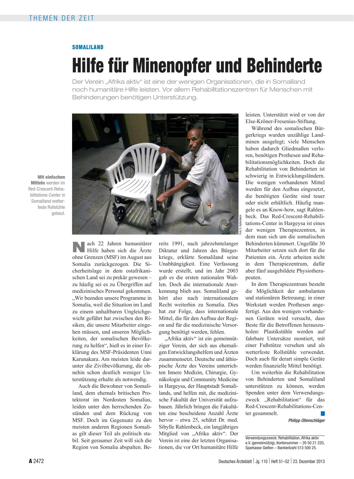 Vorschauseite 1: Somaliland: Hilfe für Minenopfer und Behinderte
