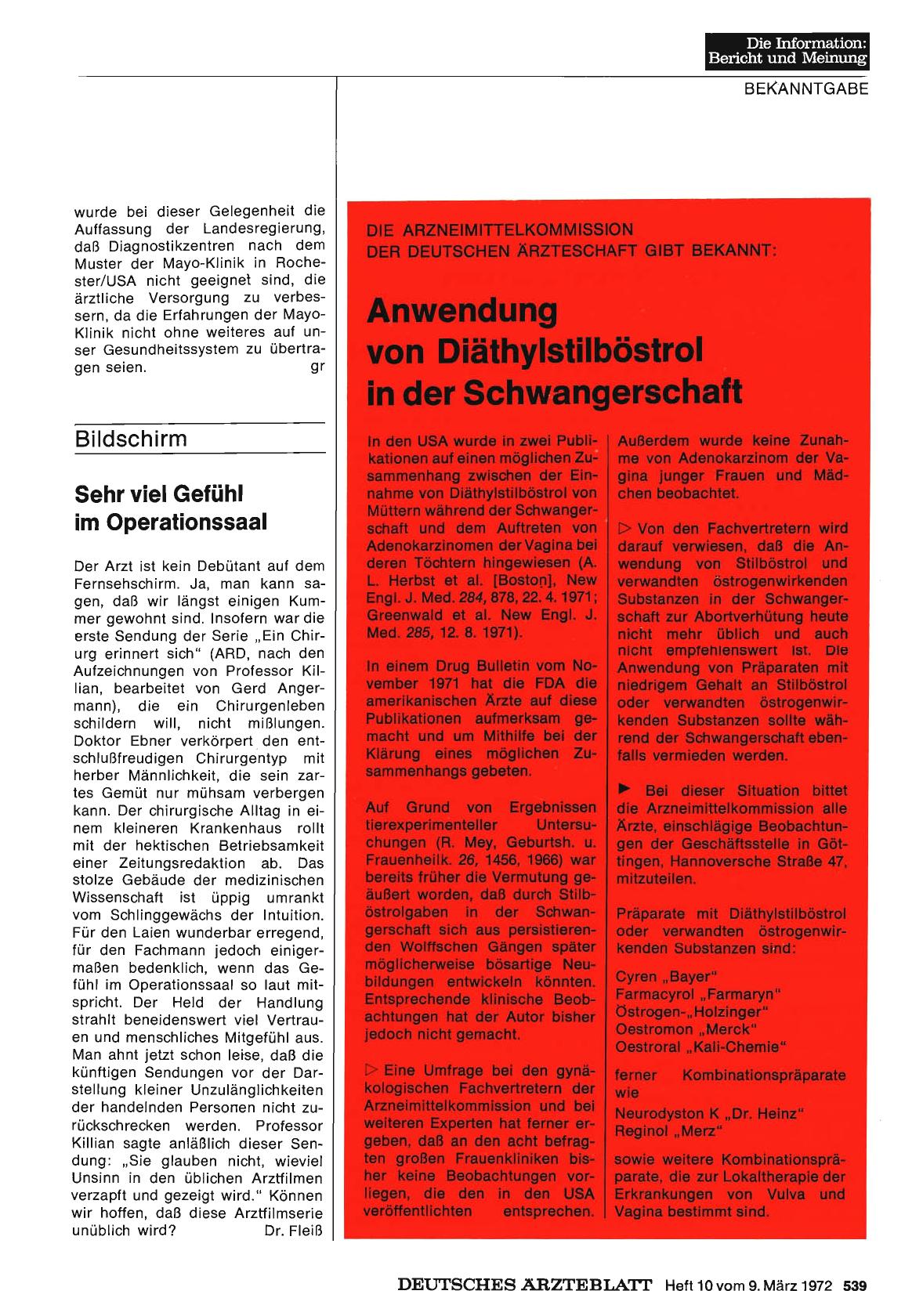 Vorschauseite 1: DIE ARZNEIMITTELKOMMISSION DER DEUTSCHEN ÄRZTESCHAFT GIBT BEKANNT: Anwendung von Diäthylstilböstrol in der Schwangerschaft