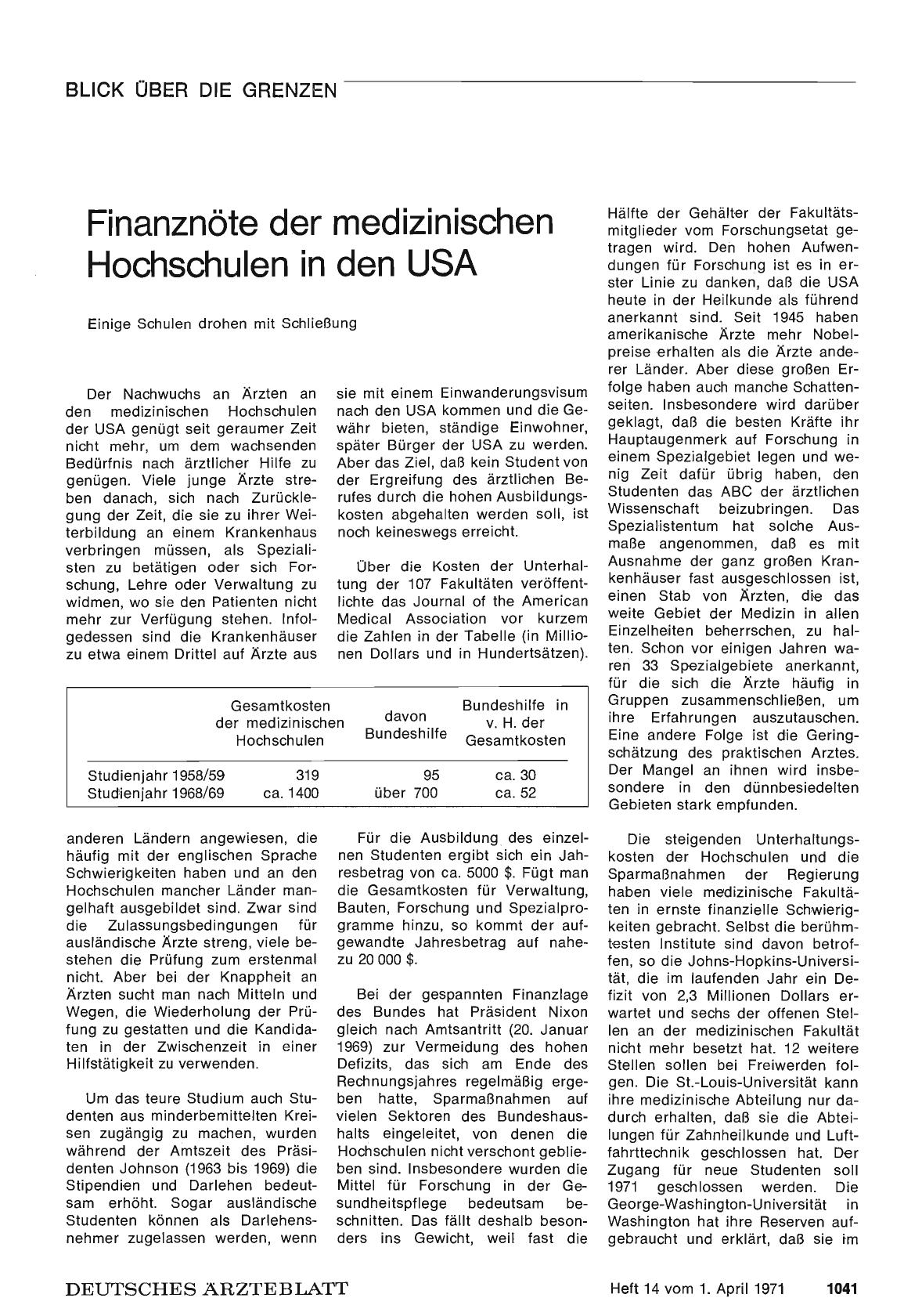 Vorschauseite 1: Finanznöte der medizinischen Hochschulen in den USA