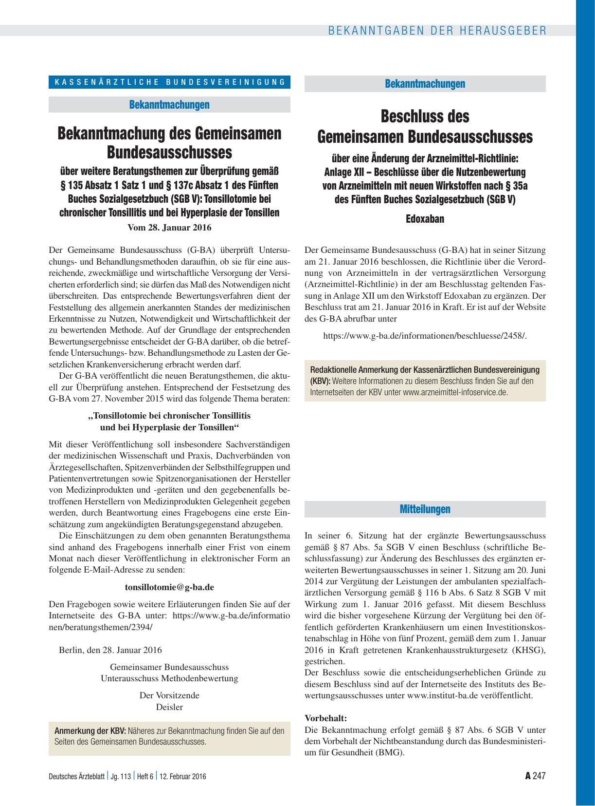 Vorschauseite 1: Bekanntmachung des Gemeinsamen Bundesausschusses über weitere Beratungsthemen zur Überprüfung gemäß § 135 Absatz 1 Satz 1 und § 137c Absatz 1 des Fünften Buches Sozialgesetzbuch (…