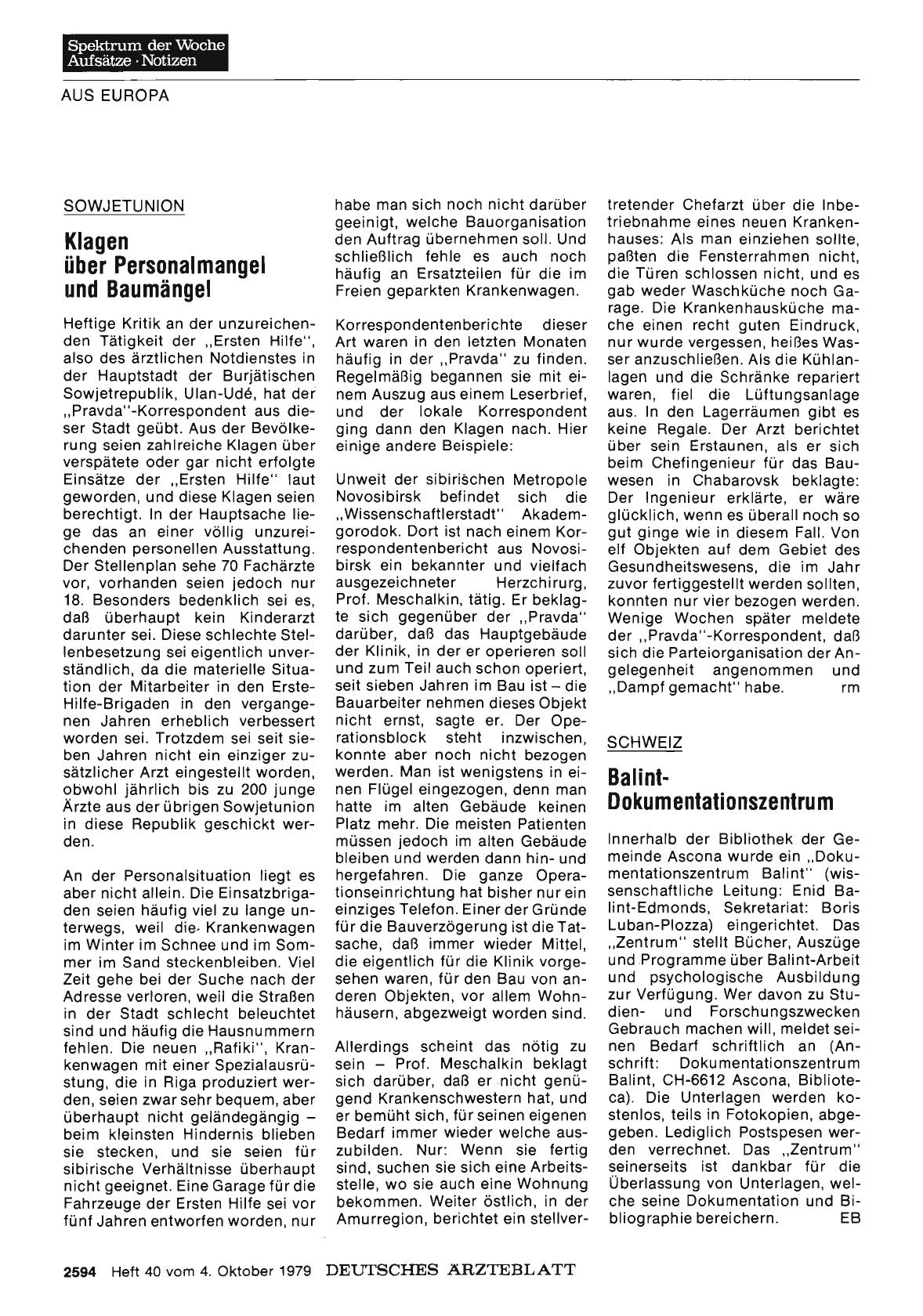 Vorschauseite 1: SCHWEIZ: Balint-Dokumentationszentrum