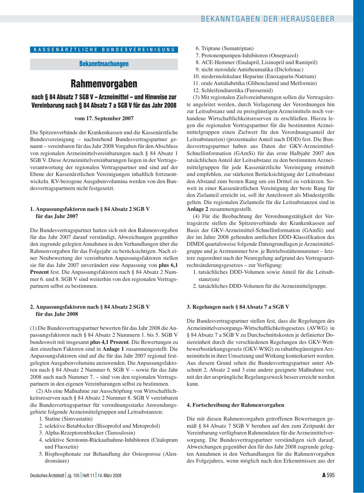 Vorschauseite 1: Bekanntmachungen: Rahmenvorgaben nach § 84 Absatz 7 SGB V – Arzneimittel – und Hinweise zur Vereinbarung nach § 84 Absatz 7 a SGB V für das Jahr 2008 vom 17. September 2007