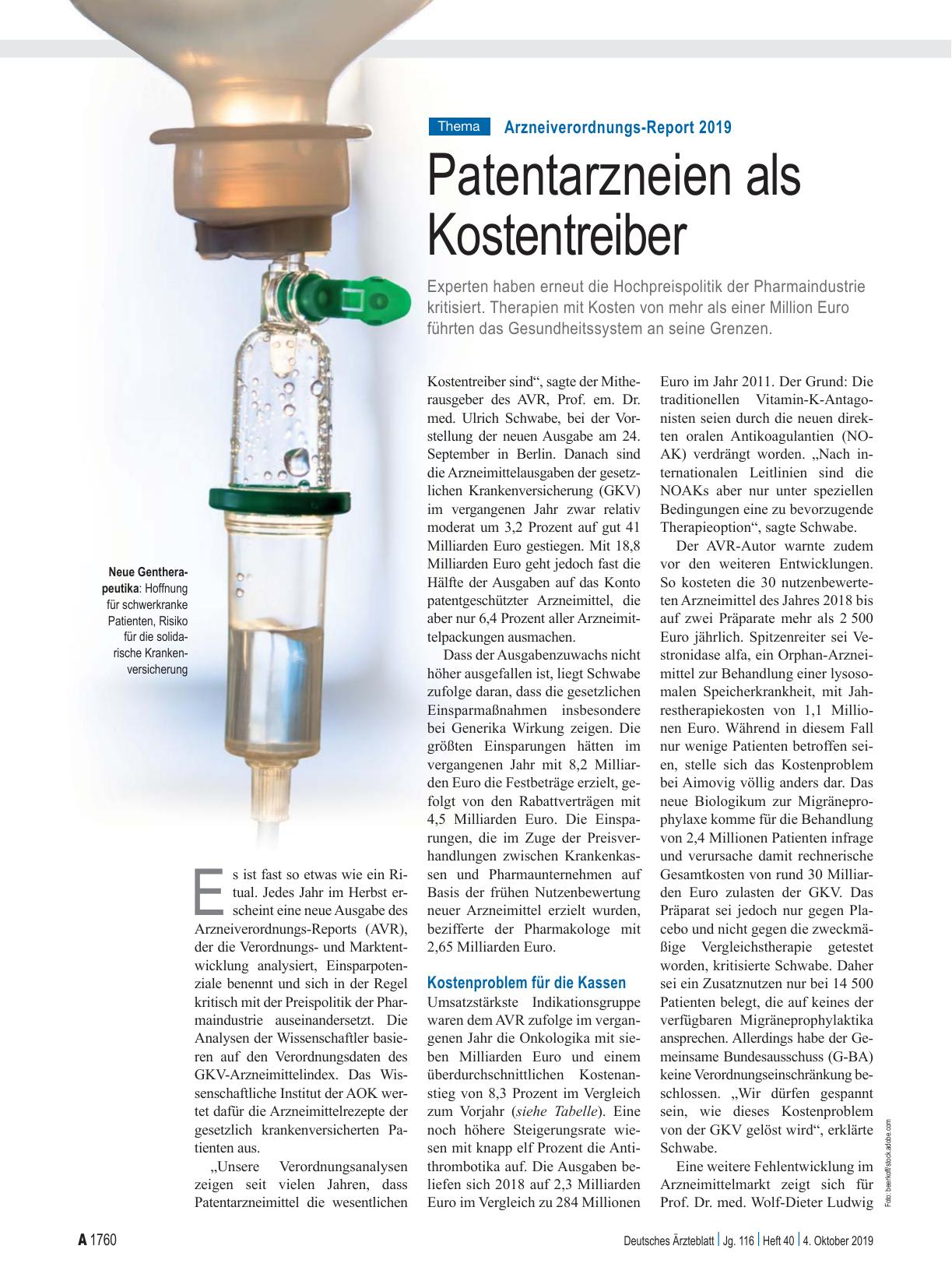 Vorschauseite 1: Arzneiverordnungs-Report 2019: Patentarzneien als Kostentreiber