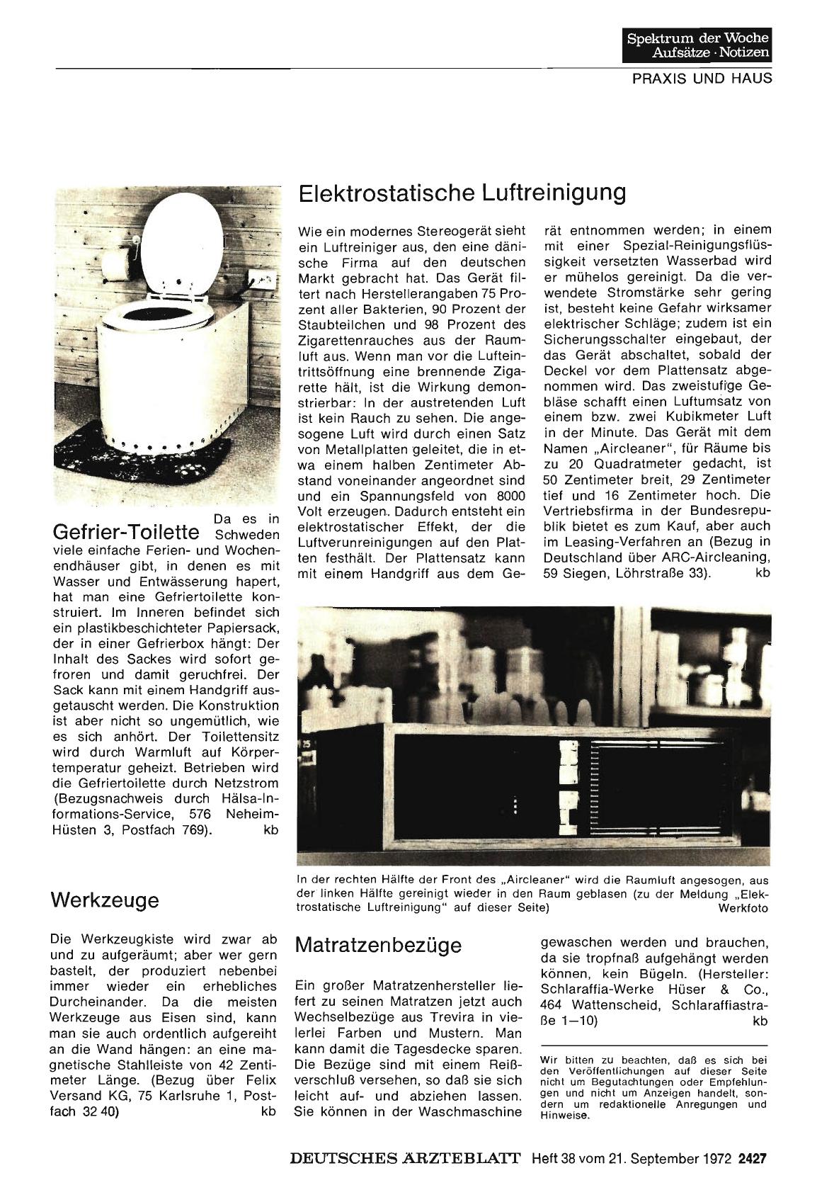 Vorschauseite 1: Gefrier-Toilette / Elektrostatische Luftreinigung / Werkzeuge / Matratzenbezüge