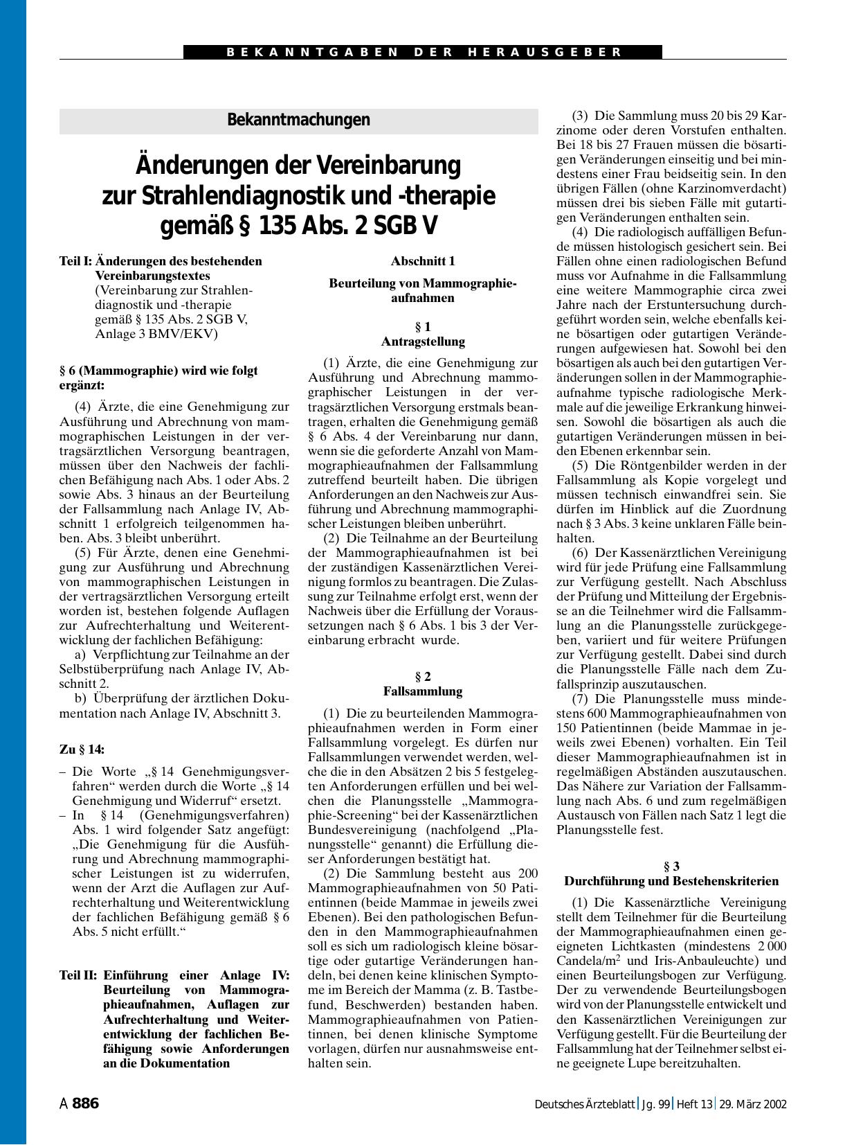 Vorschauseite 1: Bekanntmachungen: Änderungen der Vereinbarung zur Strahlendiagnostik und -therapie gemäß § 135 Abs. 2 SGB V