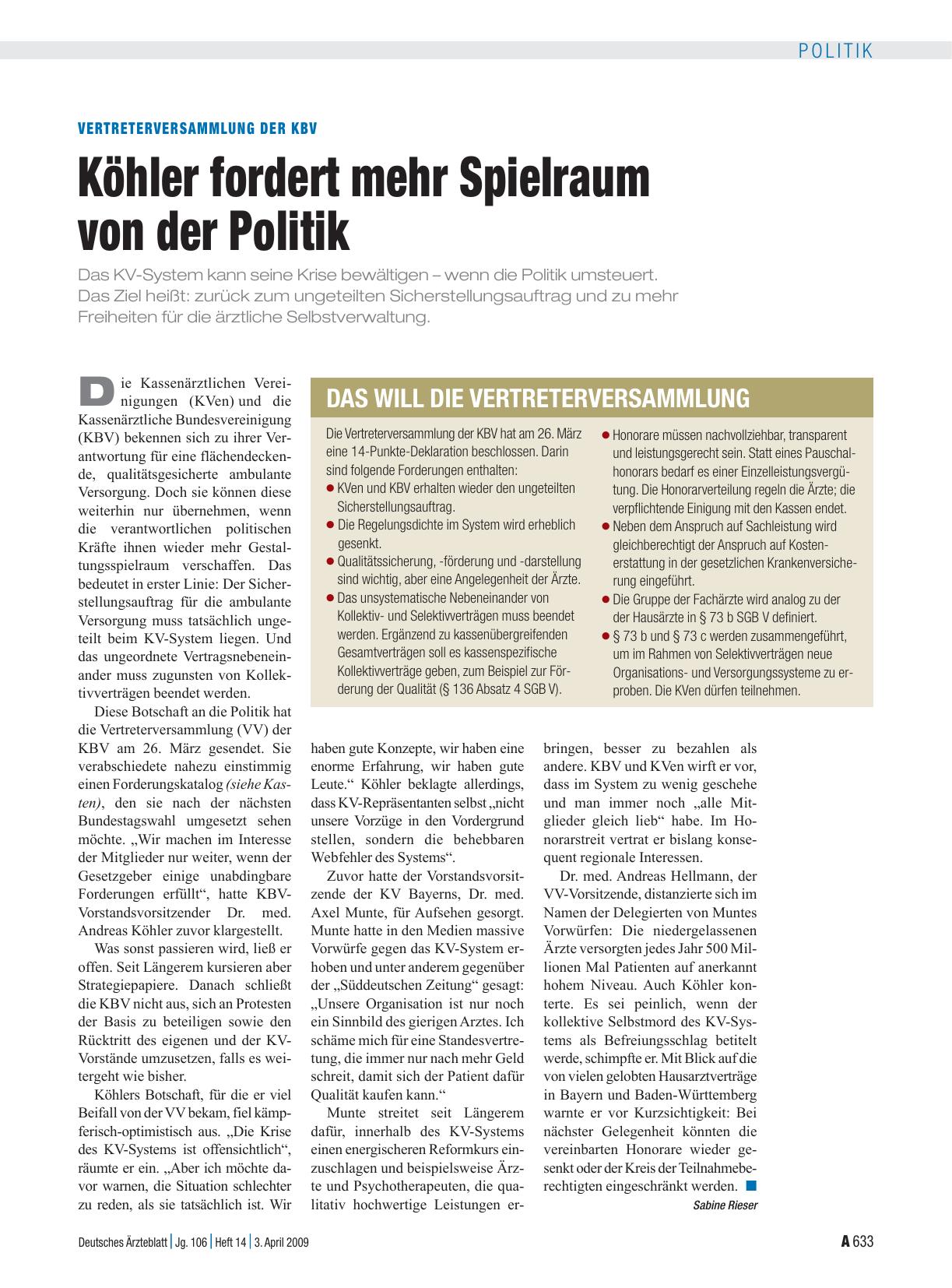 Vorschauseite 1: Vertreterversammlung der KBV: Köhler fordert mehr Spielraum von der Politik