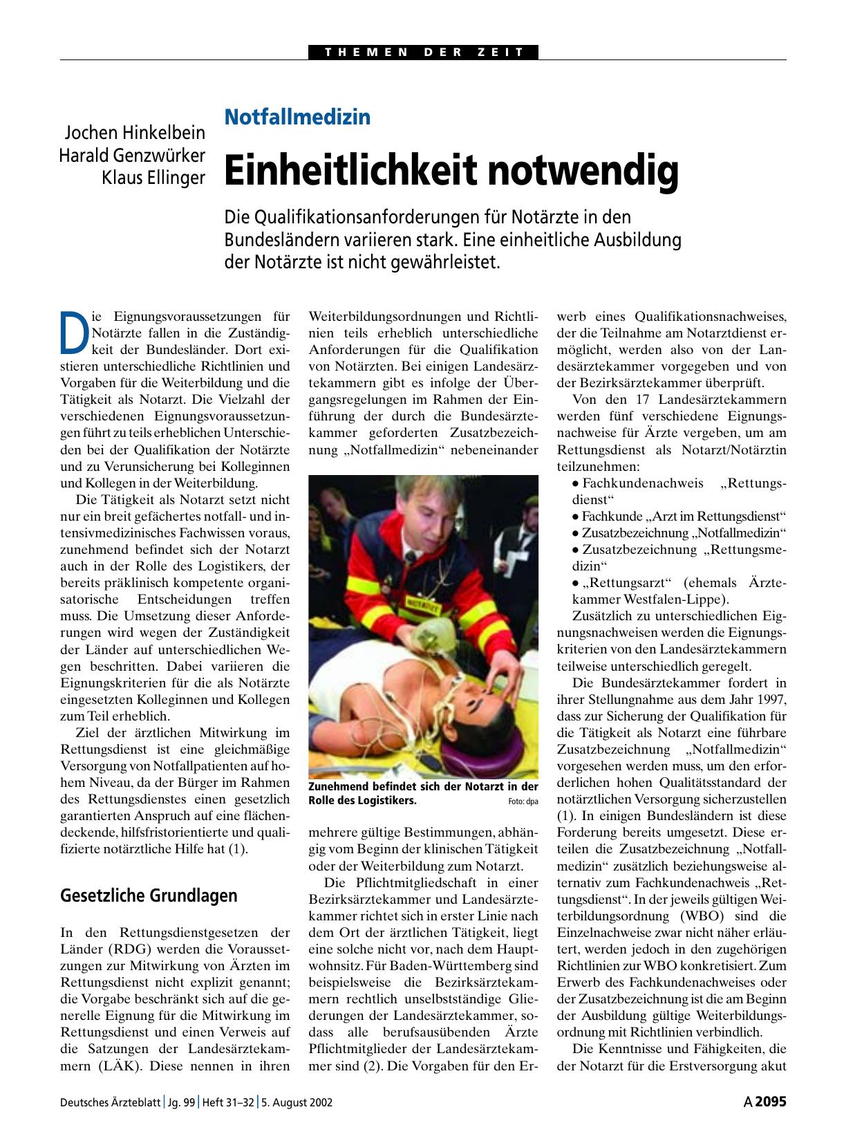 Vorschauseite 1: Notfallmedizin: Einheitlichkeit notwendig