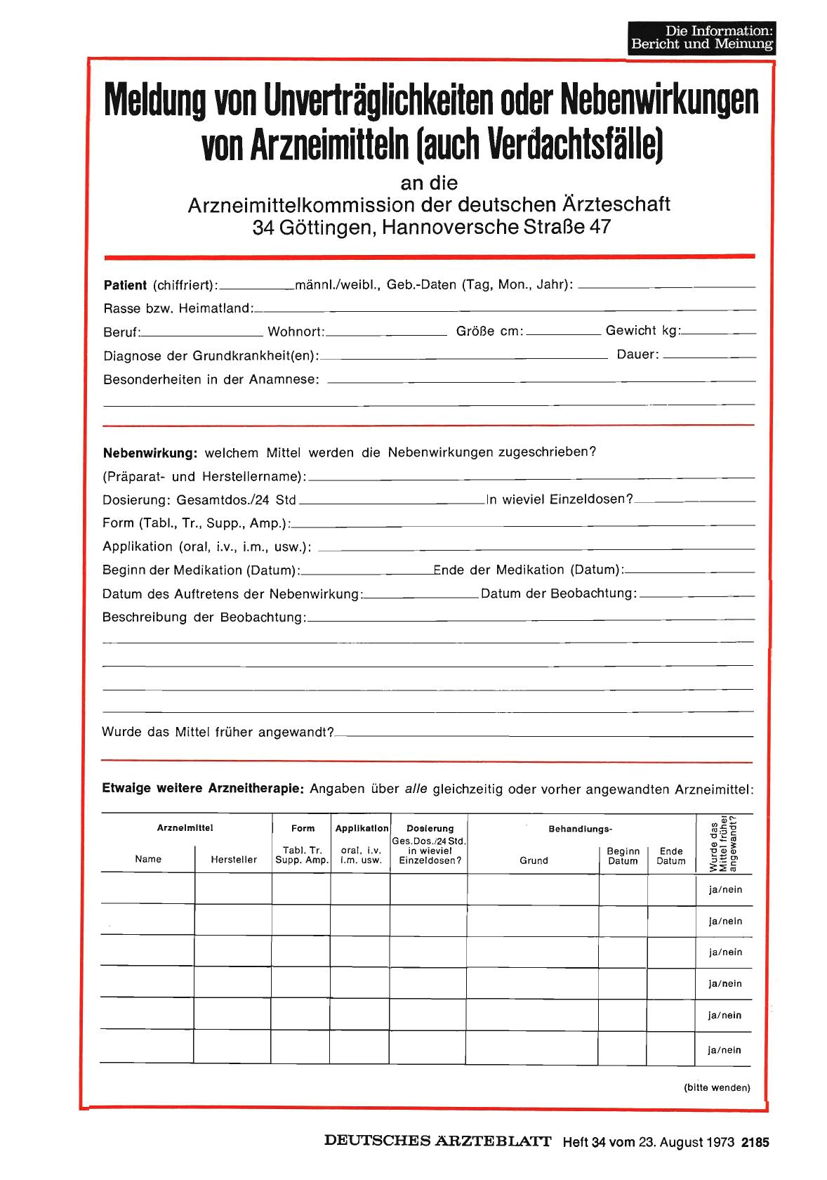 Vorschauseite 1: Meldung von Unverträglichkeiten oder Nebenwirkungen von Arzneimitteln (auch Verdachtsfälle)