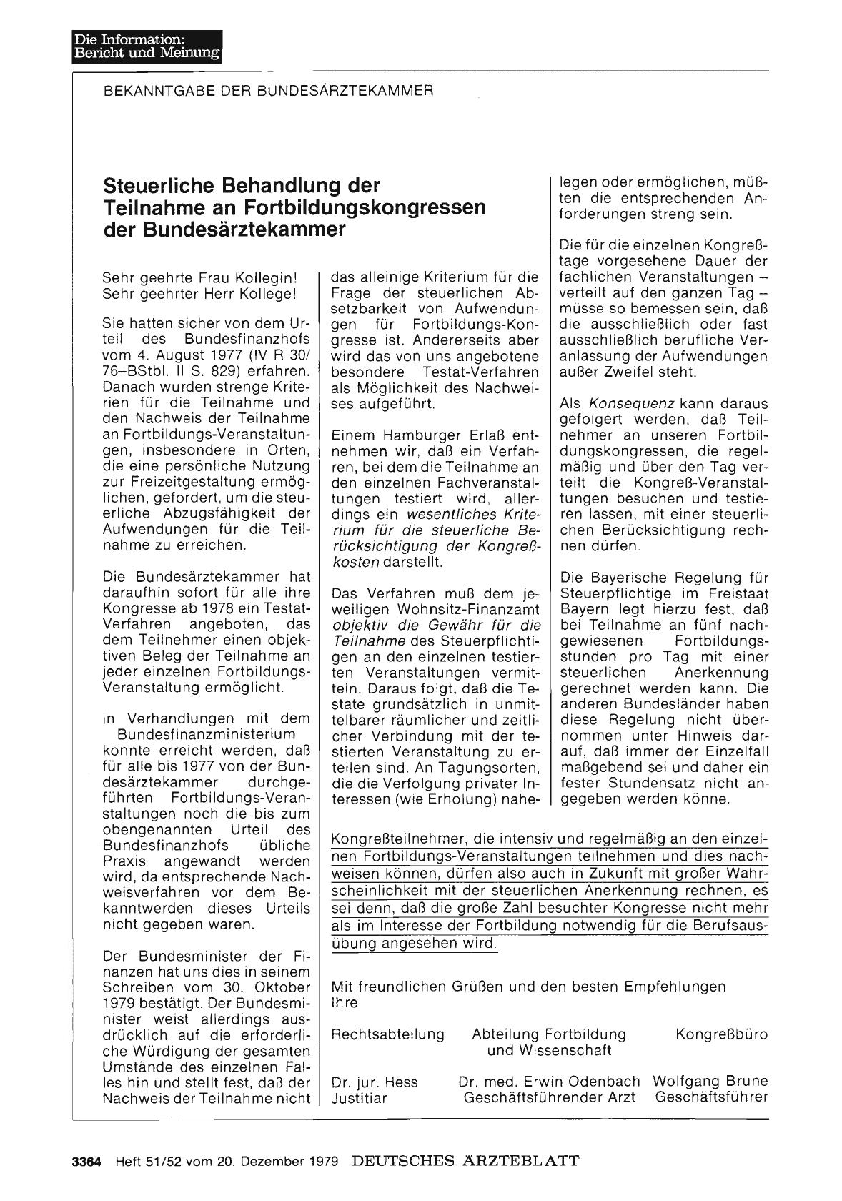 Vorschauseite 1: Steuerliche Behandlung der Teilnahme an Fortbildungskongressen der Bundesärztekammer