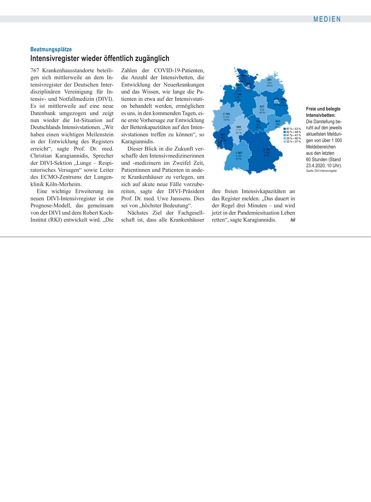 Vorschauseite 1: Beatmungsplätze: Intensivregister wieder öffentlich zugänglich