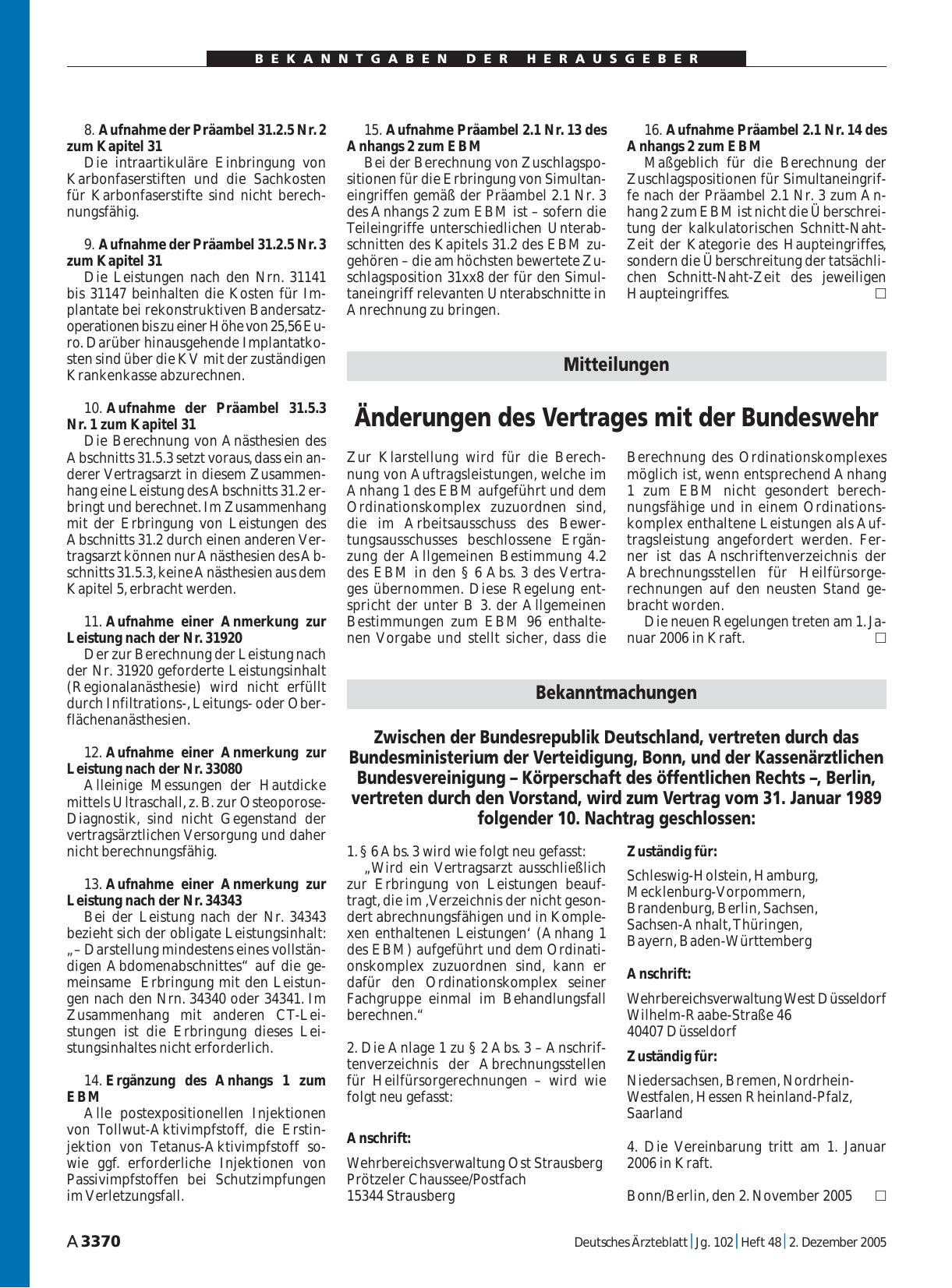 Vorschauseite 1: Bekanntmachungen: Zwischen der Bundesrepublik Deutschland, vertreten durch das Bundesministerium der Verteidigung, Bonn, und der Kassenärztlichen Bundesvereinigung – Körperschaft…