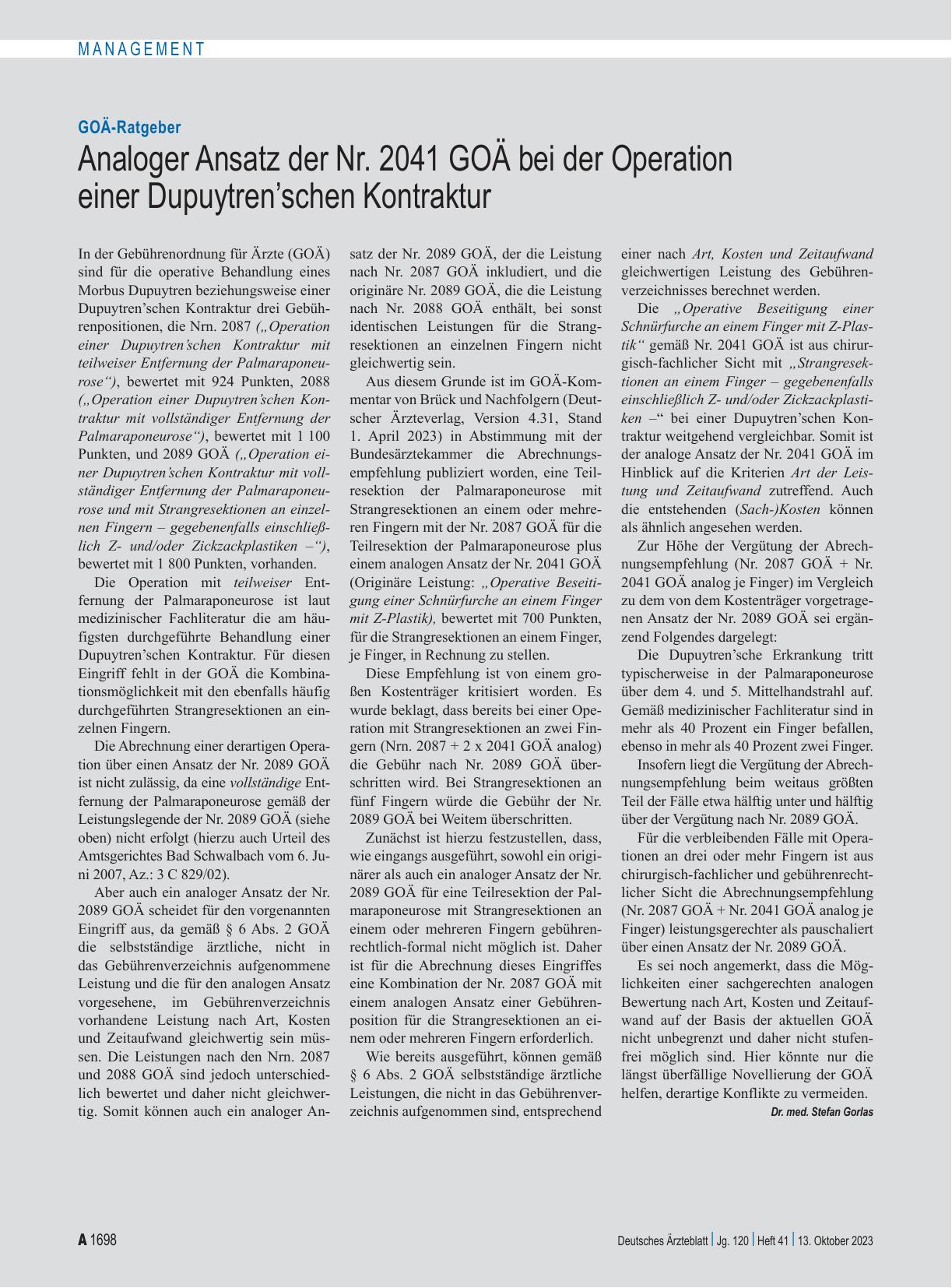 Vorschauseite 1: GOÄ-Ratgeber: Analoger Ansatz der Nr. 2041 GOÄ bei der Operation einer Dupuytrenschen Kontraktur