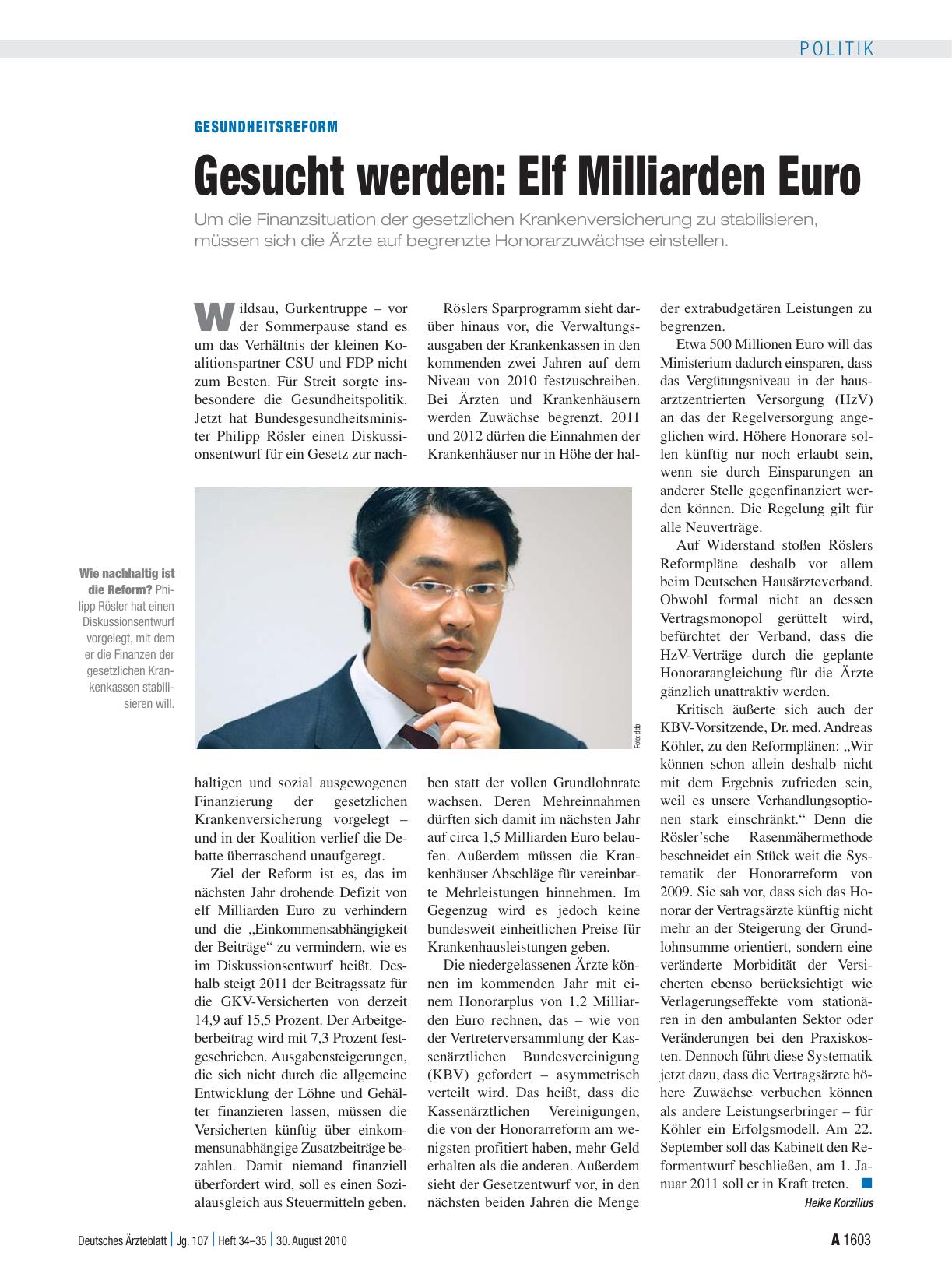 Vorschauseite 1: Gesundheitsreform – Gesucht werden: Elf Milliarden Euro
