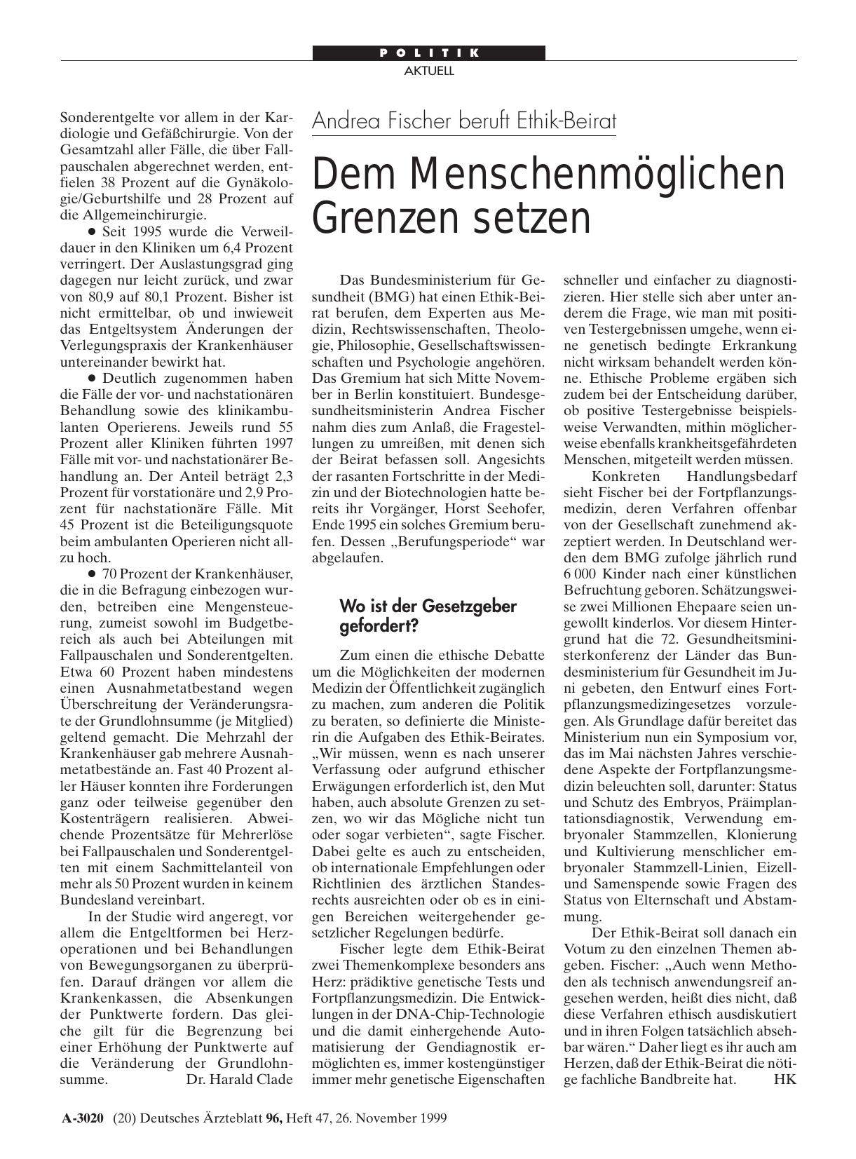 Vorschauseite 1: Andrea Fischer beruft Ethik-Beirat: Dem Menschenmöglichen Grenzen setzen