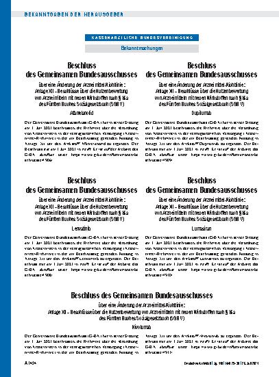 Vorschauseite 1: Beschluss des Gemeinsamen Bundesausschusses über eine Änderung der Arzneimittel-Richtlinie: Anlage XII – Lenvatinib