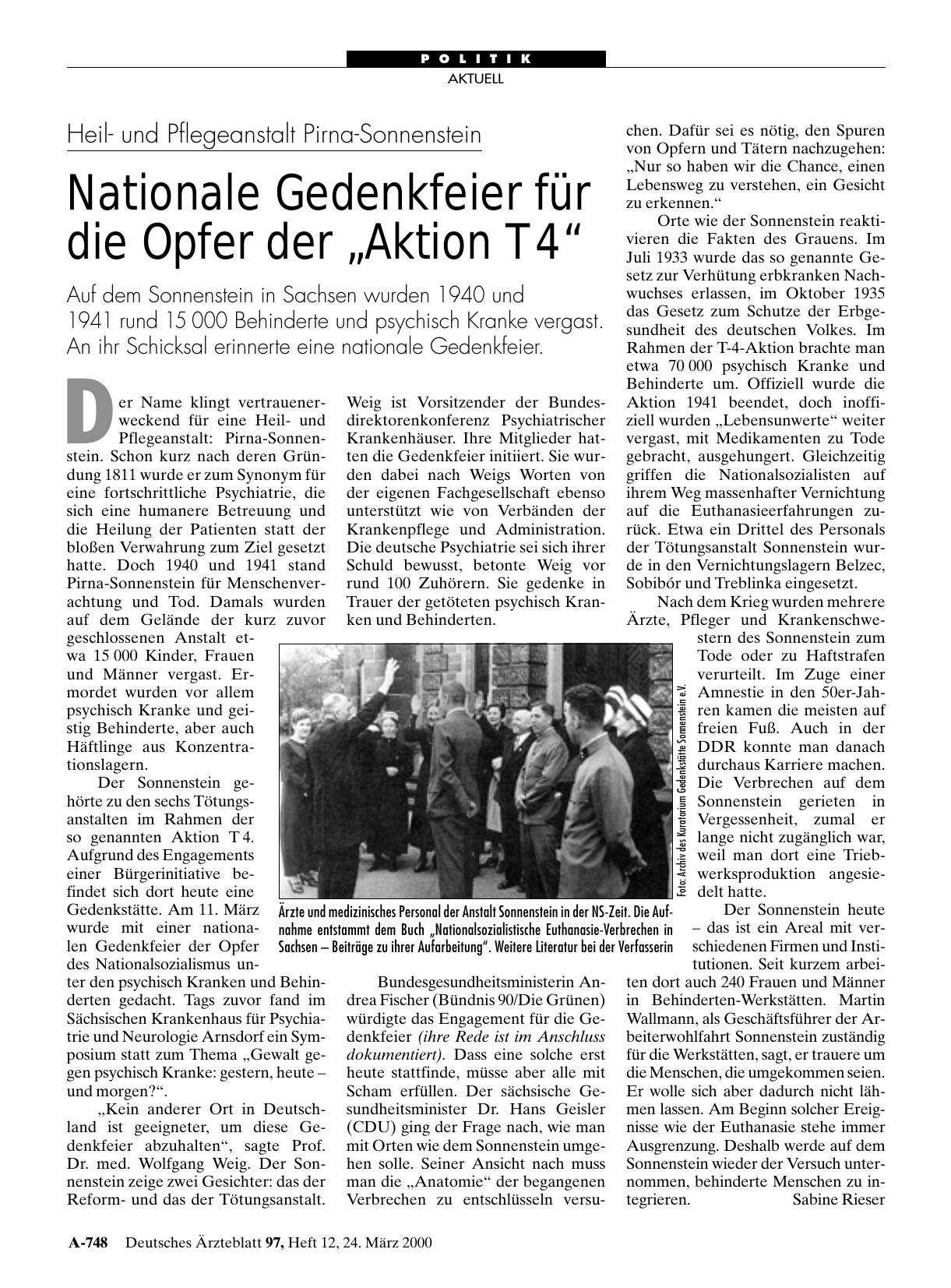 Vorschauseite 1: Heilund Pflegeanstalt Pirna-Sonnenstein: Nationale Gedenkfeier für die Opfer der „Aktion T 4“