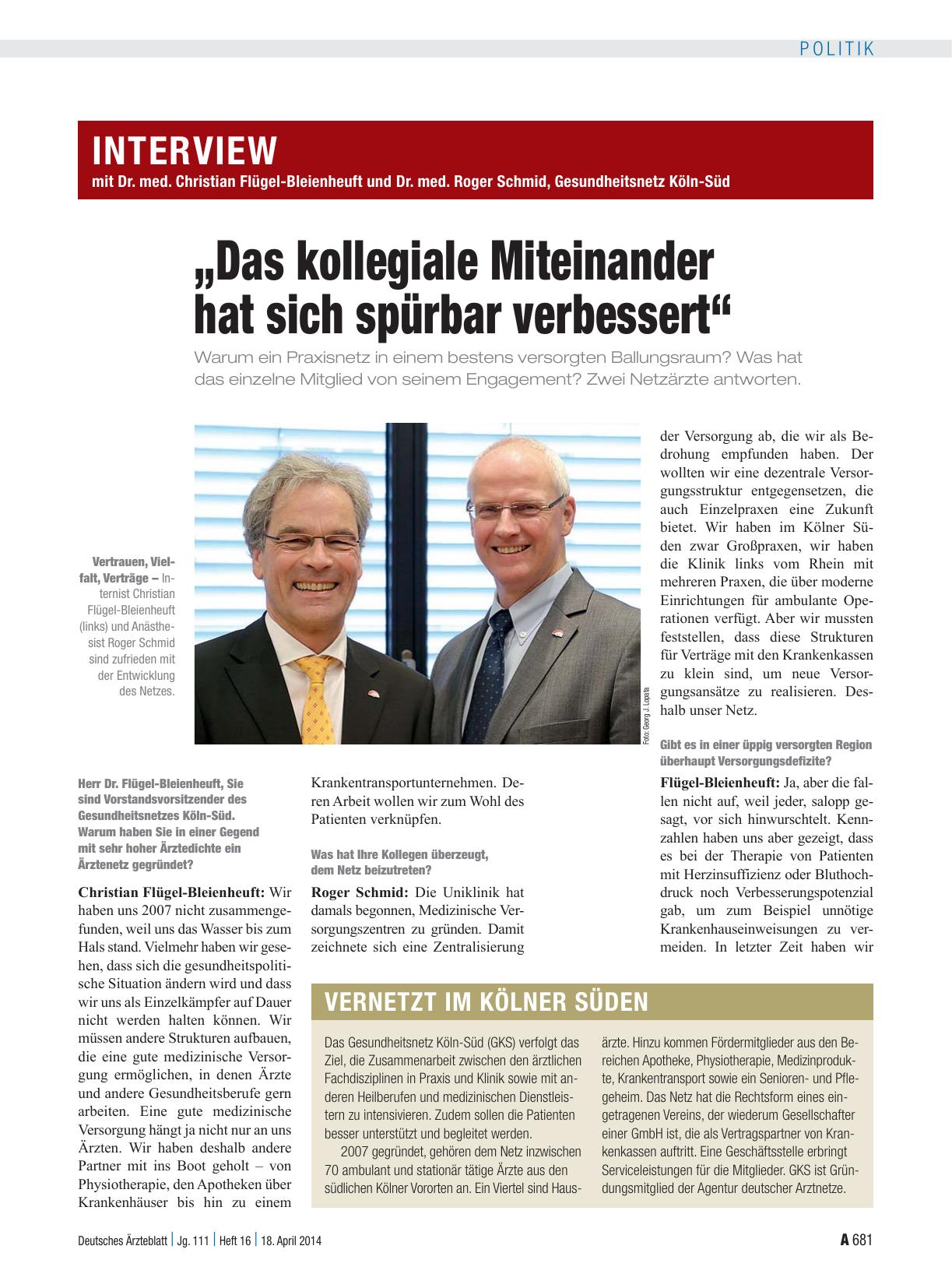 Vorschauseite 1: Interview mit Dr. med. Christian Flügel-Bleienheuft und Dr. med. Roger Schmid, Gesundheitsnetz Köln-Süd: „Das kollegiale Miteinander hat sich spürbar verbessert“