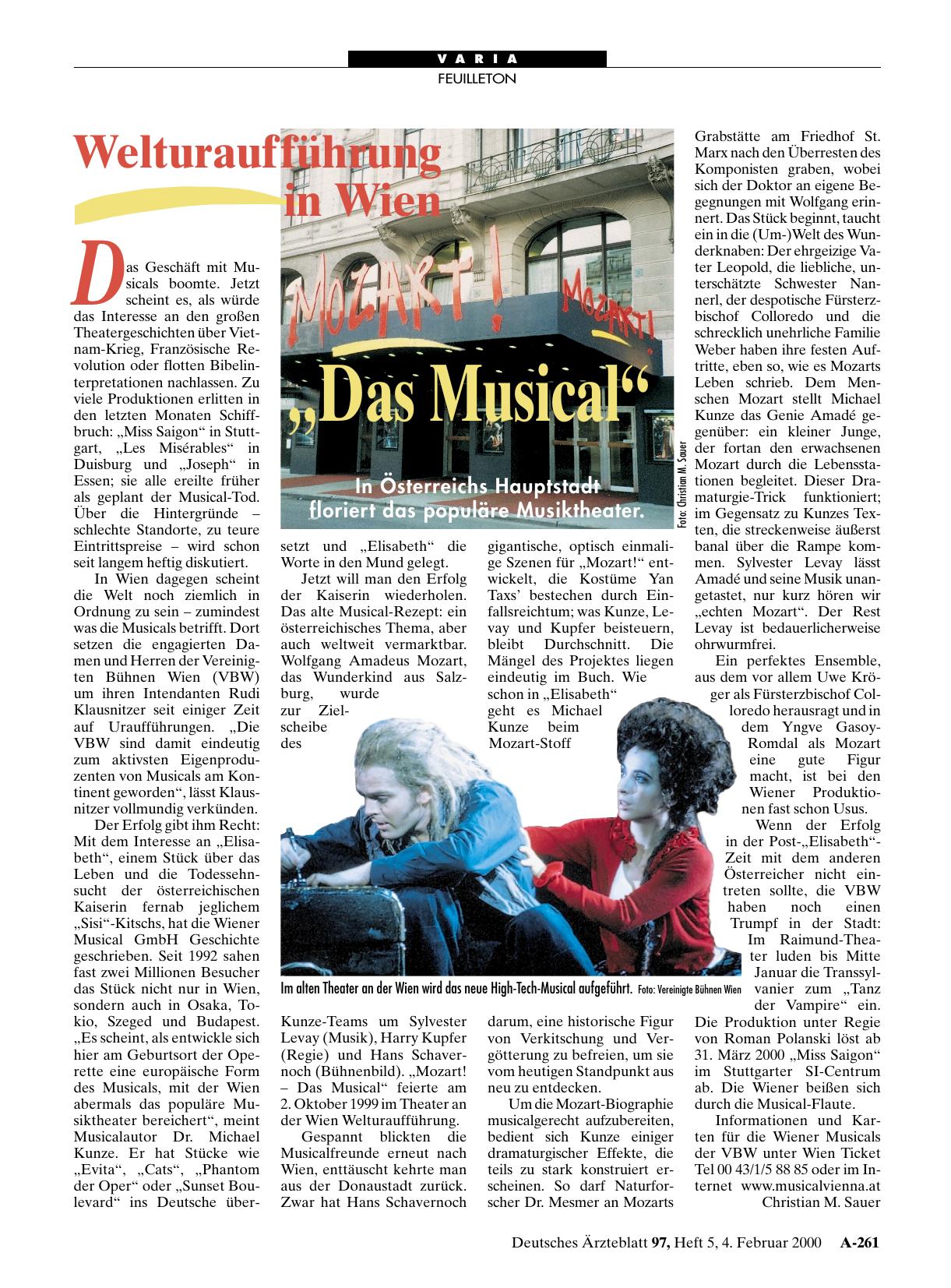 Vorschauseite 1: Welturaufführung in Wien: „Das Musical“