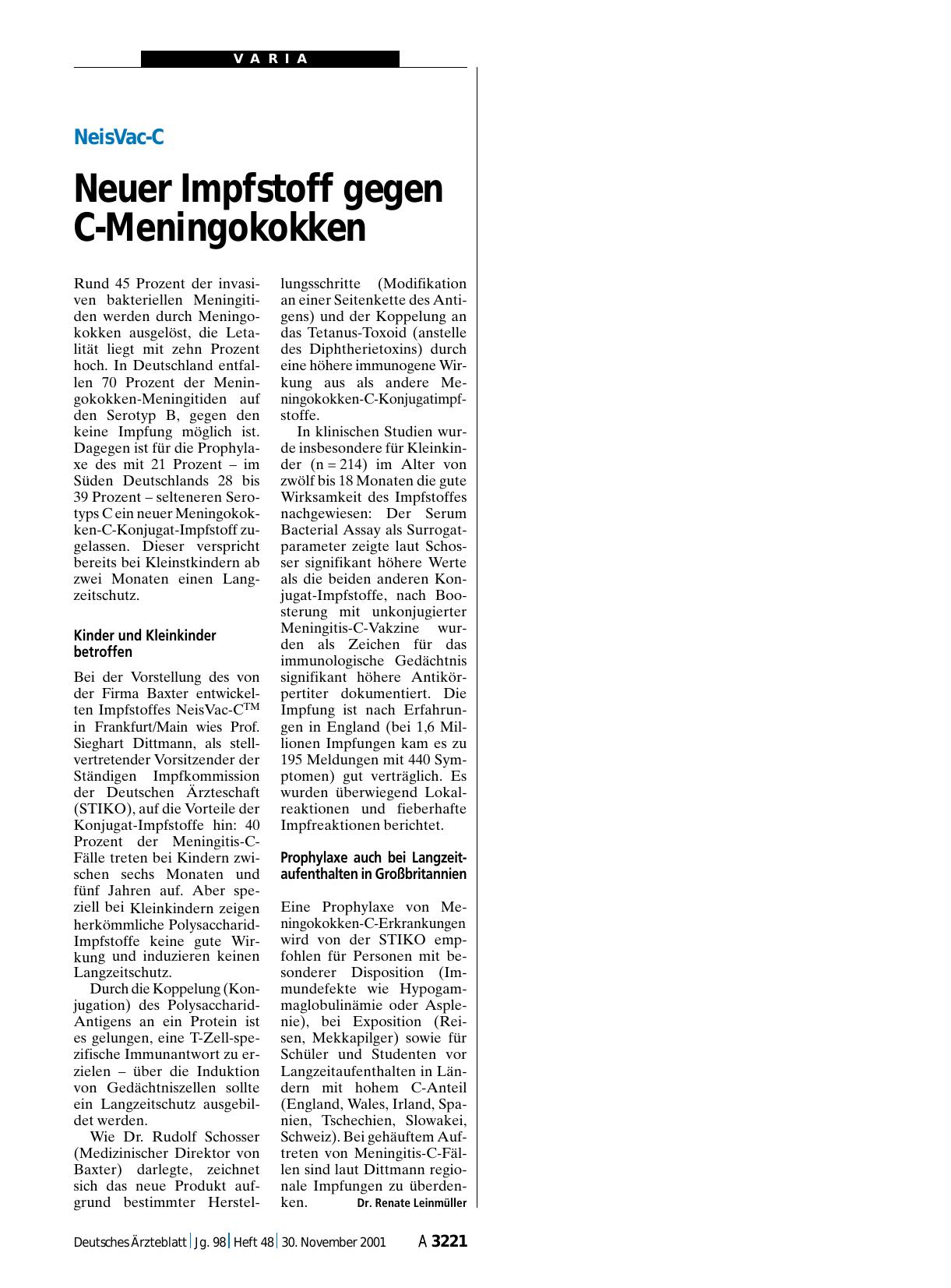 Vorschauseite 1: NeisVac-C: Neuer Impfstoff gegen C-Meningokokken