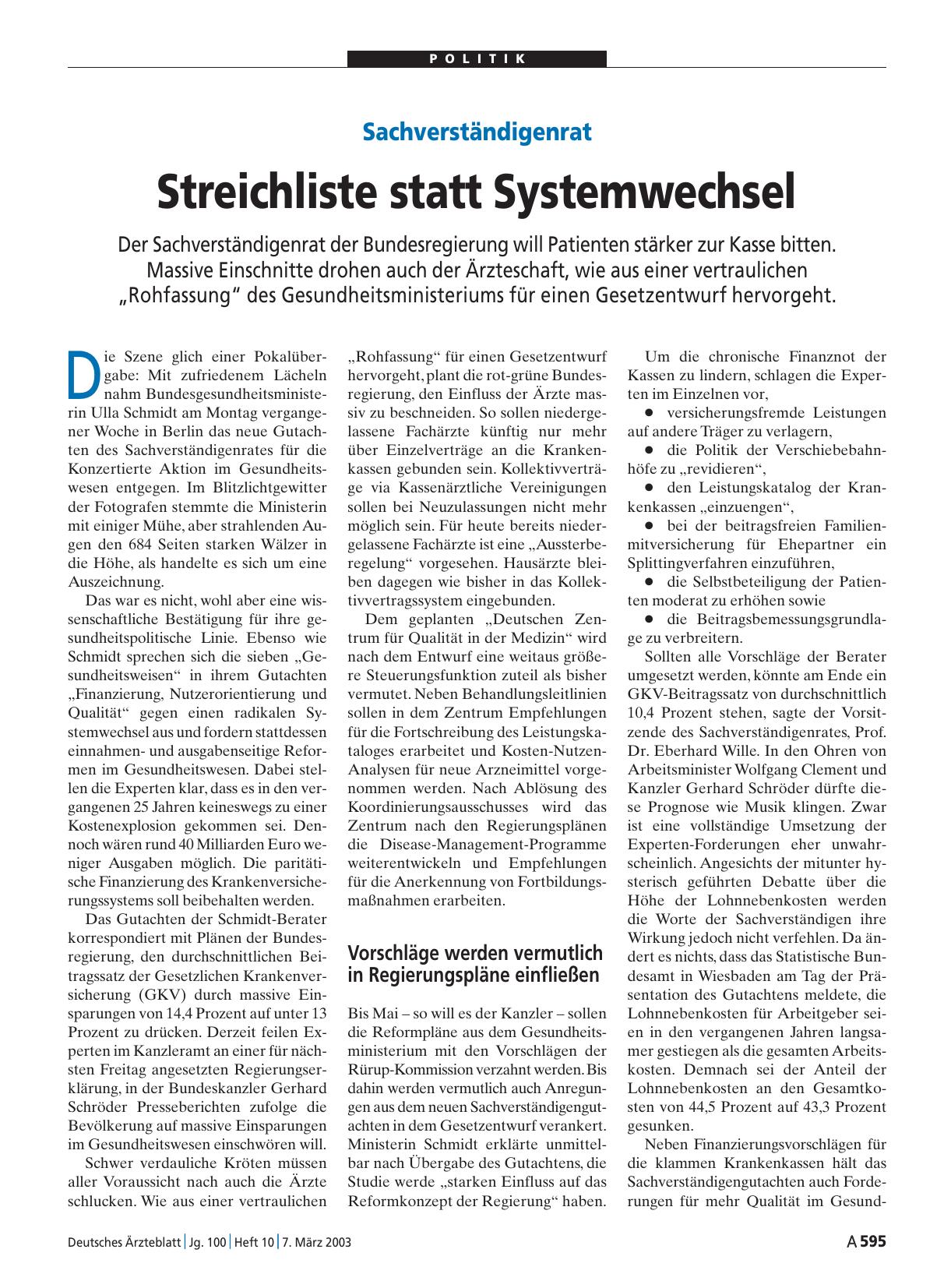 Vorschauseite 1: Sachverständigenrat: Streichliste statt Systemwechsel