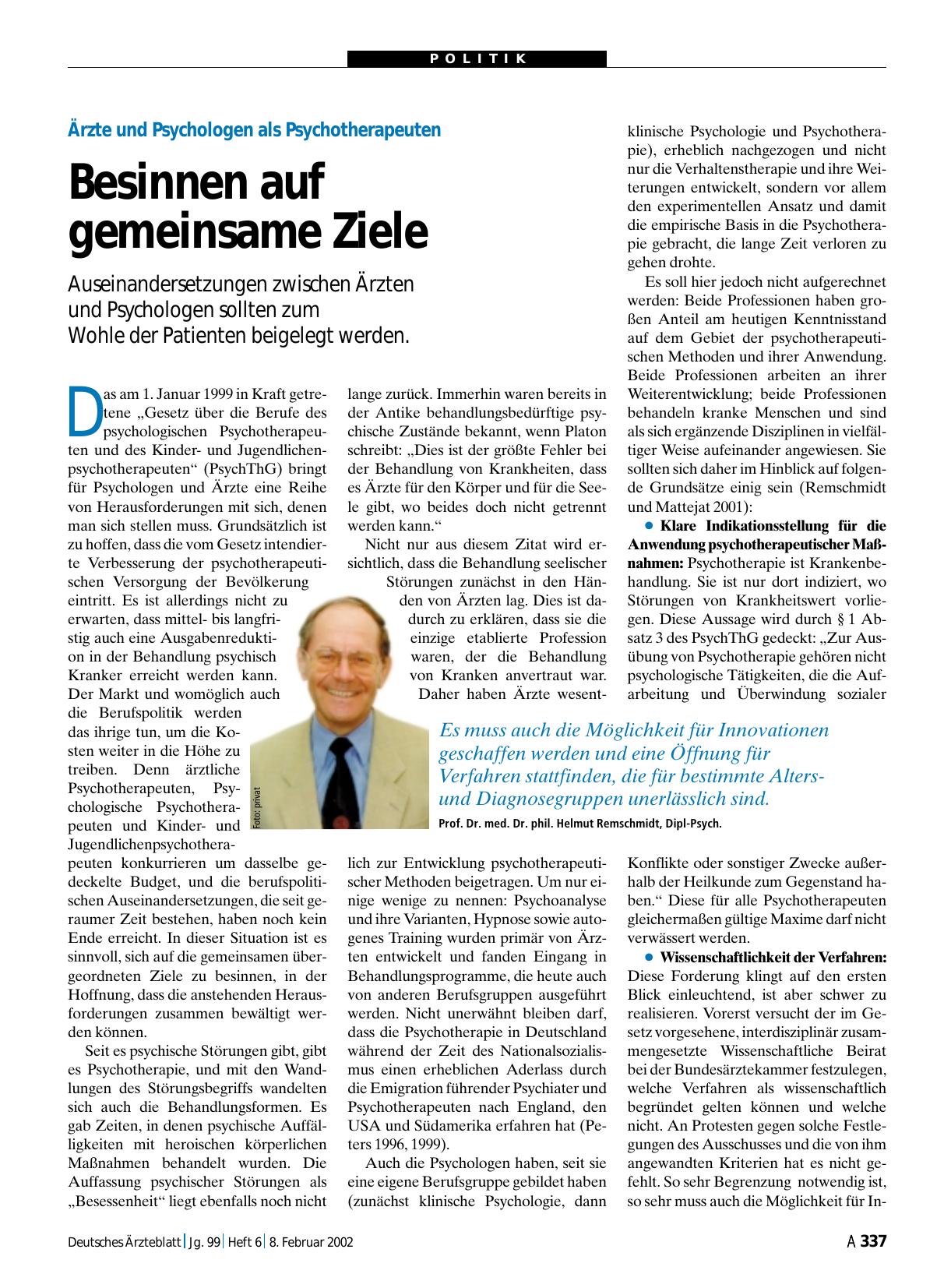 Vorschauseite 1: Ärzte und Psychologen als Psychotherapeuten: Besinnen auf gemeinsame Ziele