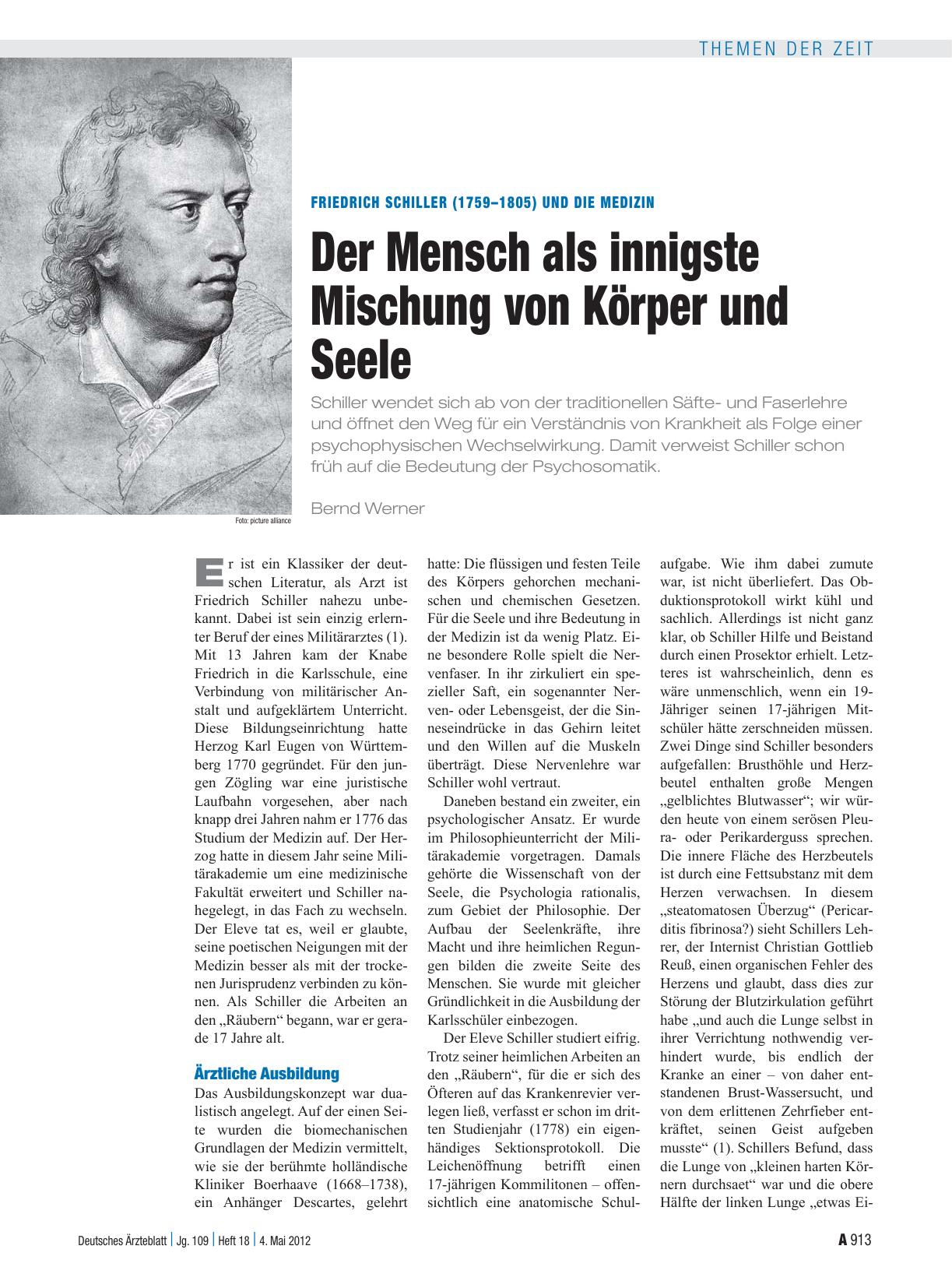 Vorschauseite 1: Friedrich Schiller (1759 – 1805) und die Medizin: Der Mensch als innigste Mischung von Körper und Seele