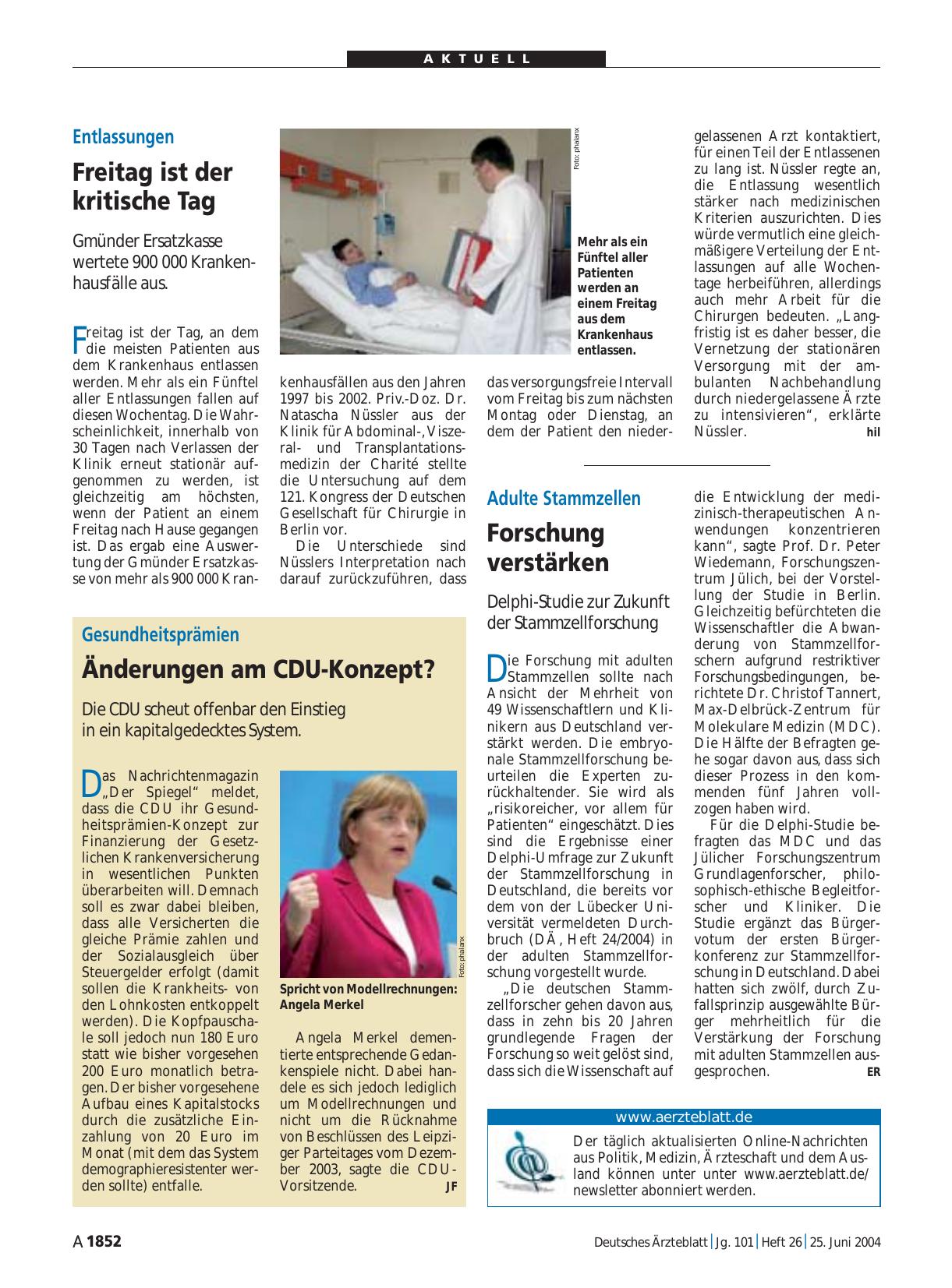 Vorschauseite 1: Gesundheitsprämien: Änderungen am CDU-Konzept?