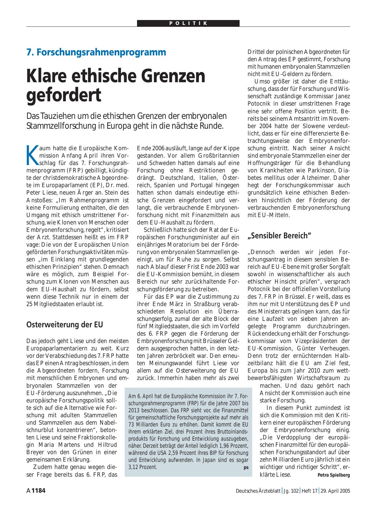 Vorschauseite 1: 7. Forschungsrahmenprogramm: Klare ethische Grenzen gefordert