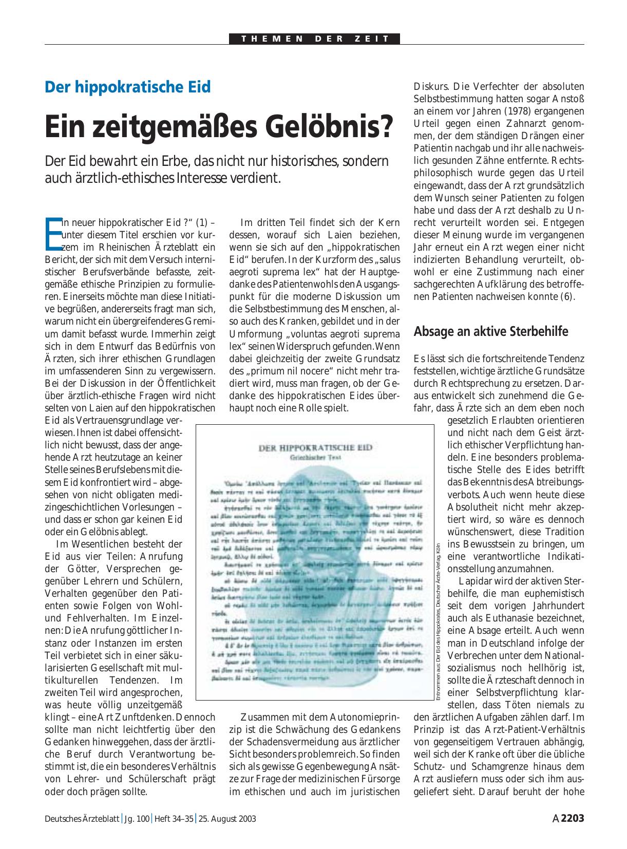 Vorschauseite 1: Der hippokratische Eid: Ein zeitgemäßes Gelöbnis?