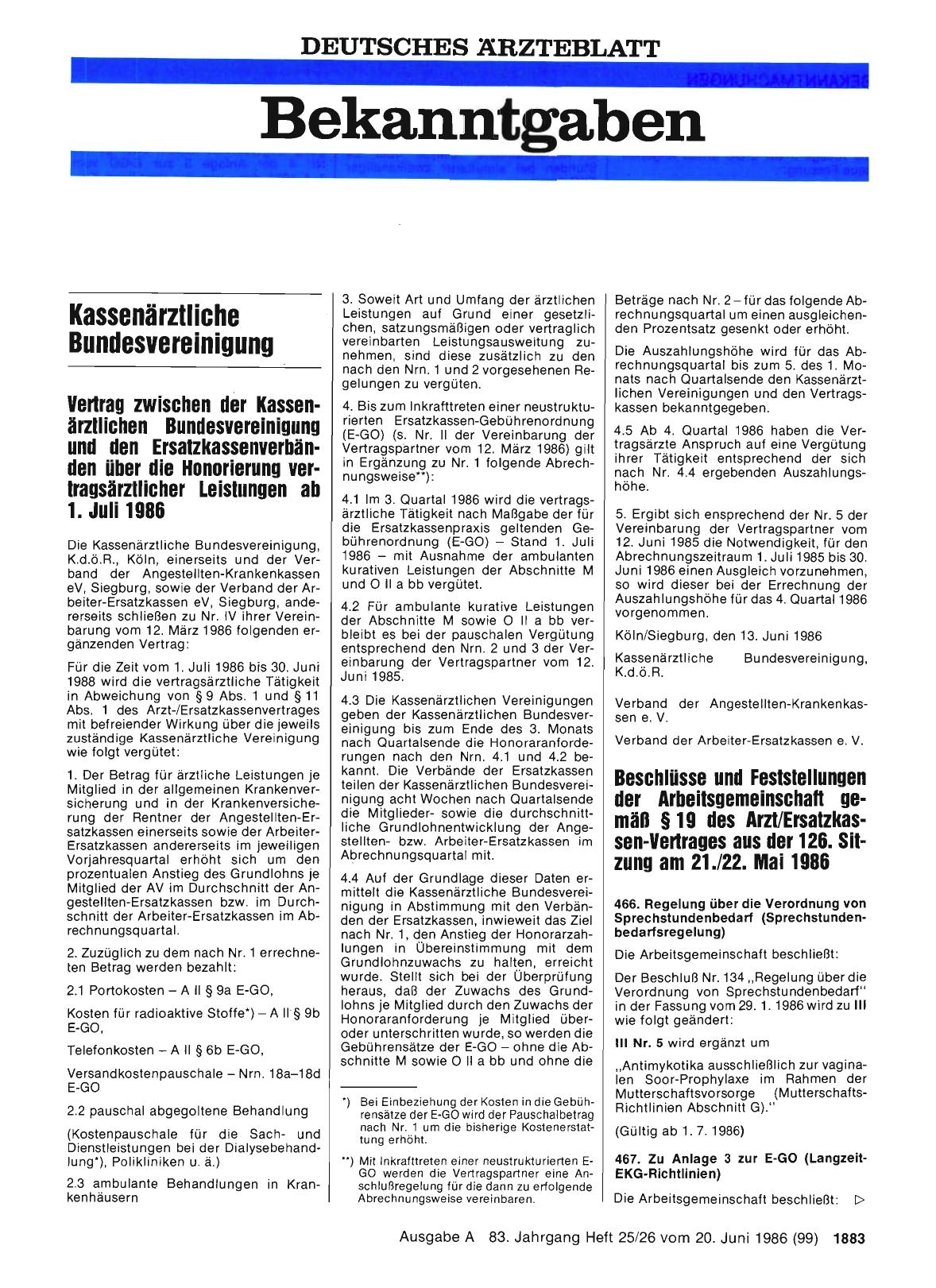 Vorschauseite 1: Beschlüsse und Feststellungen der Arbeitsgemeinschaft gemäß § 19 des Arzt/Ersatzkassen-Vertrages aus der 126. Sitzung am 21. /22. Mai 1986