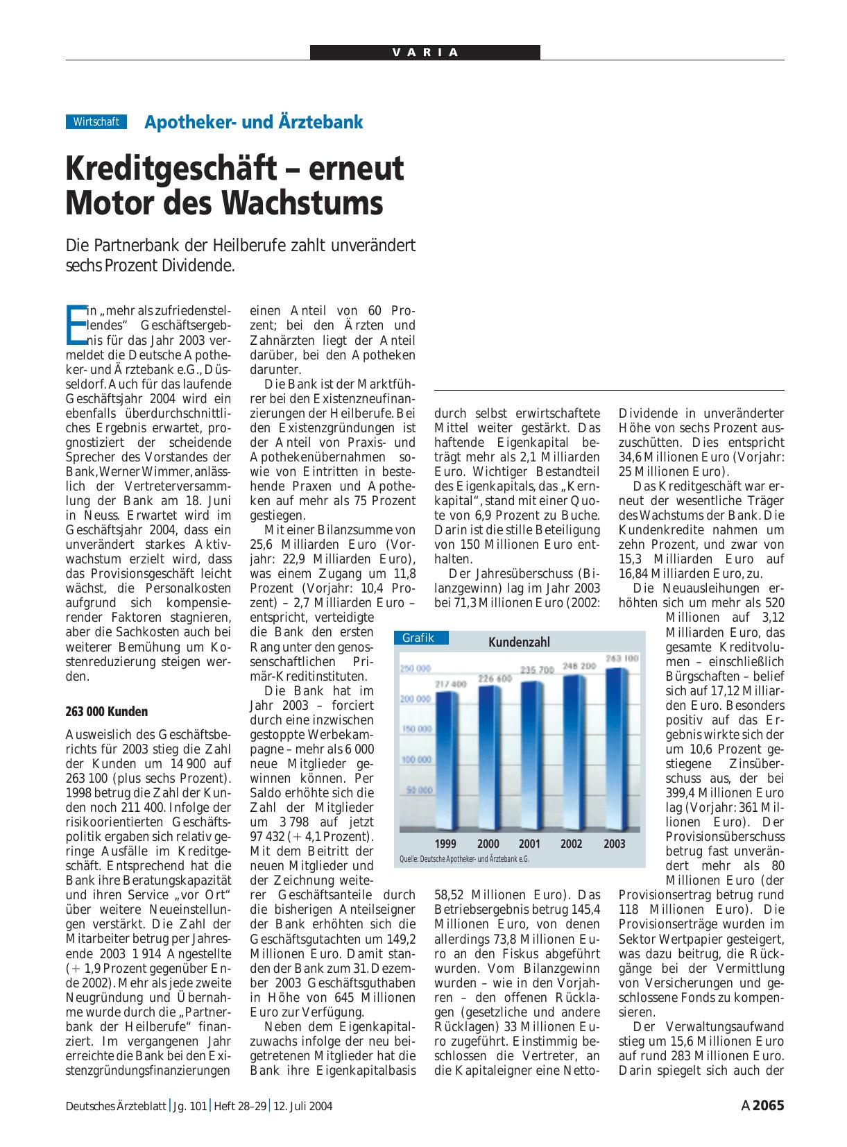 Vorschauseite 1: Apothekerund Ärztebank: Kreditgeschäft – erneut Motor des Wachstums
