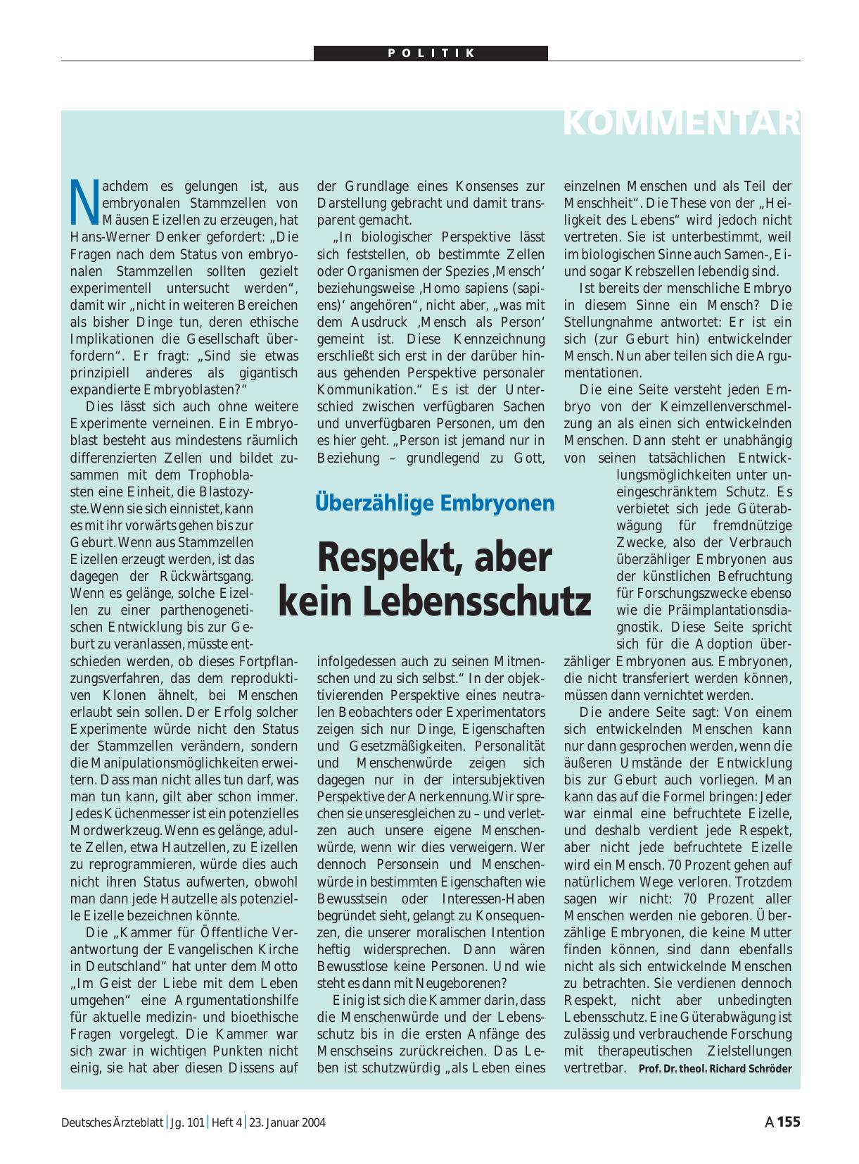 Vorschauseite 1: Überzählige Embryonen: Respekt, aber kein Lebensschutz
